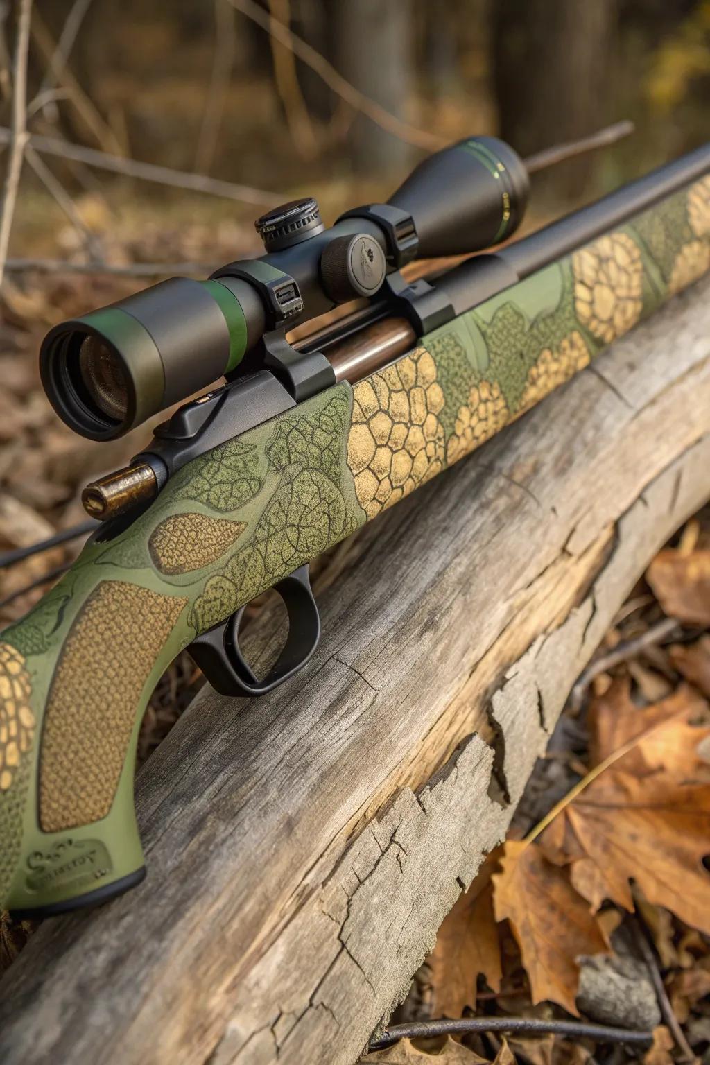 Master the art of blending in with this earthy camouflage rifle stock—where craftsmanship meets nature.