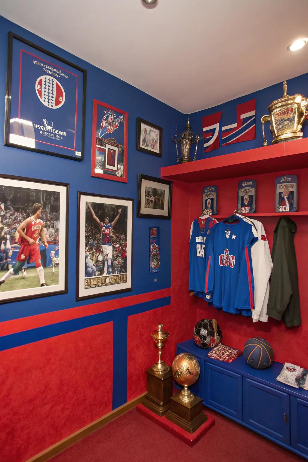 A room featuring bold blue and red walls, perfect for a sports theme.