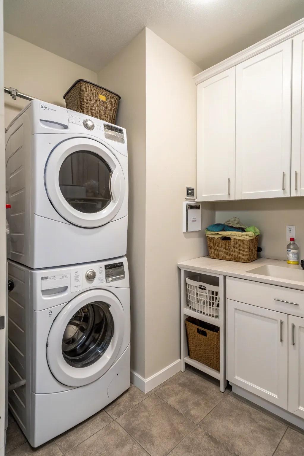 Stacked appliances are perfect for conserving space in a square laundry room.