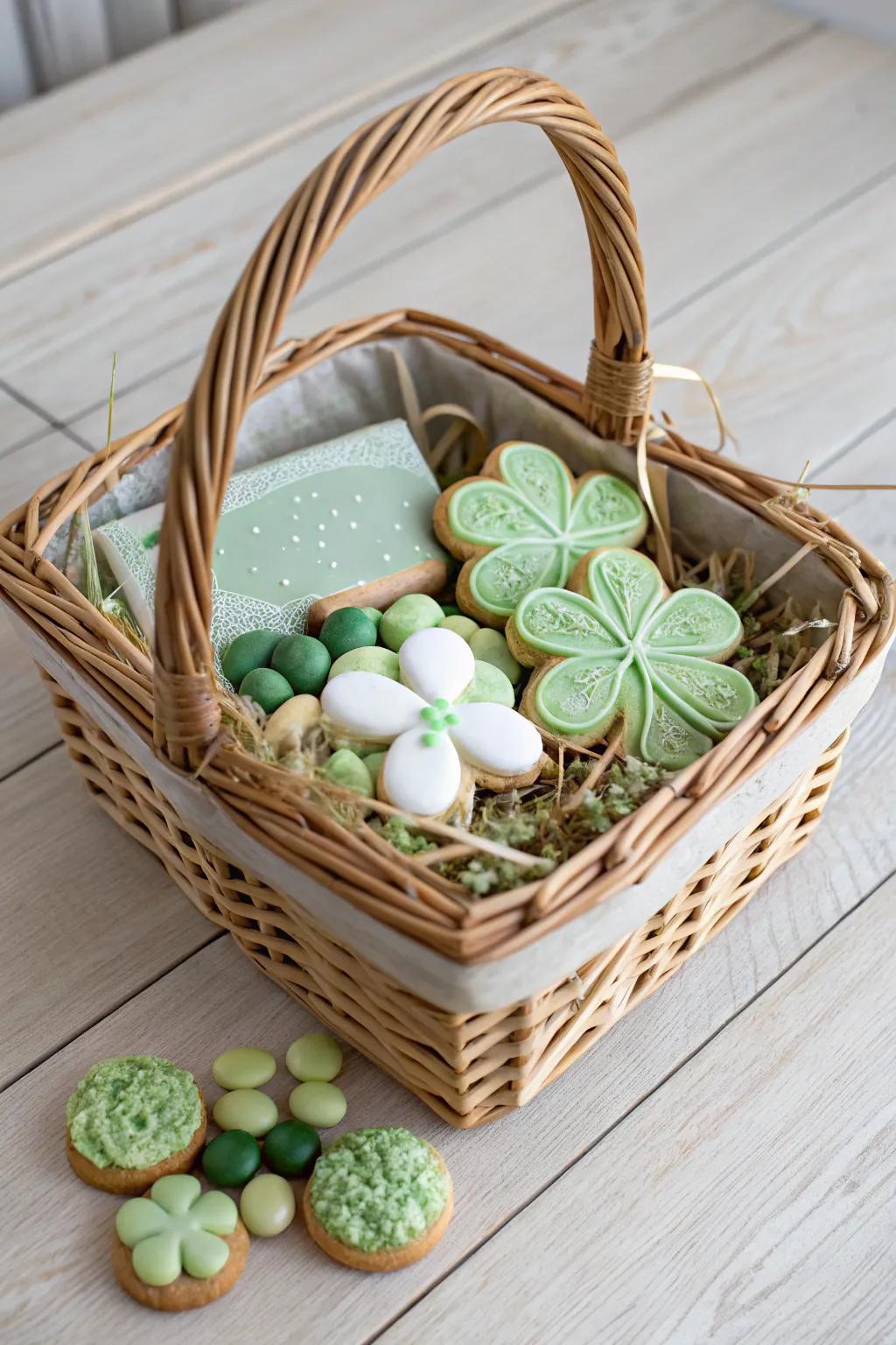 Celebrate St. Patrick's Day with a touch of minimalist elegance—deliciously crafted shamrock sweets for a charming gift basket.