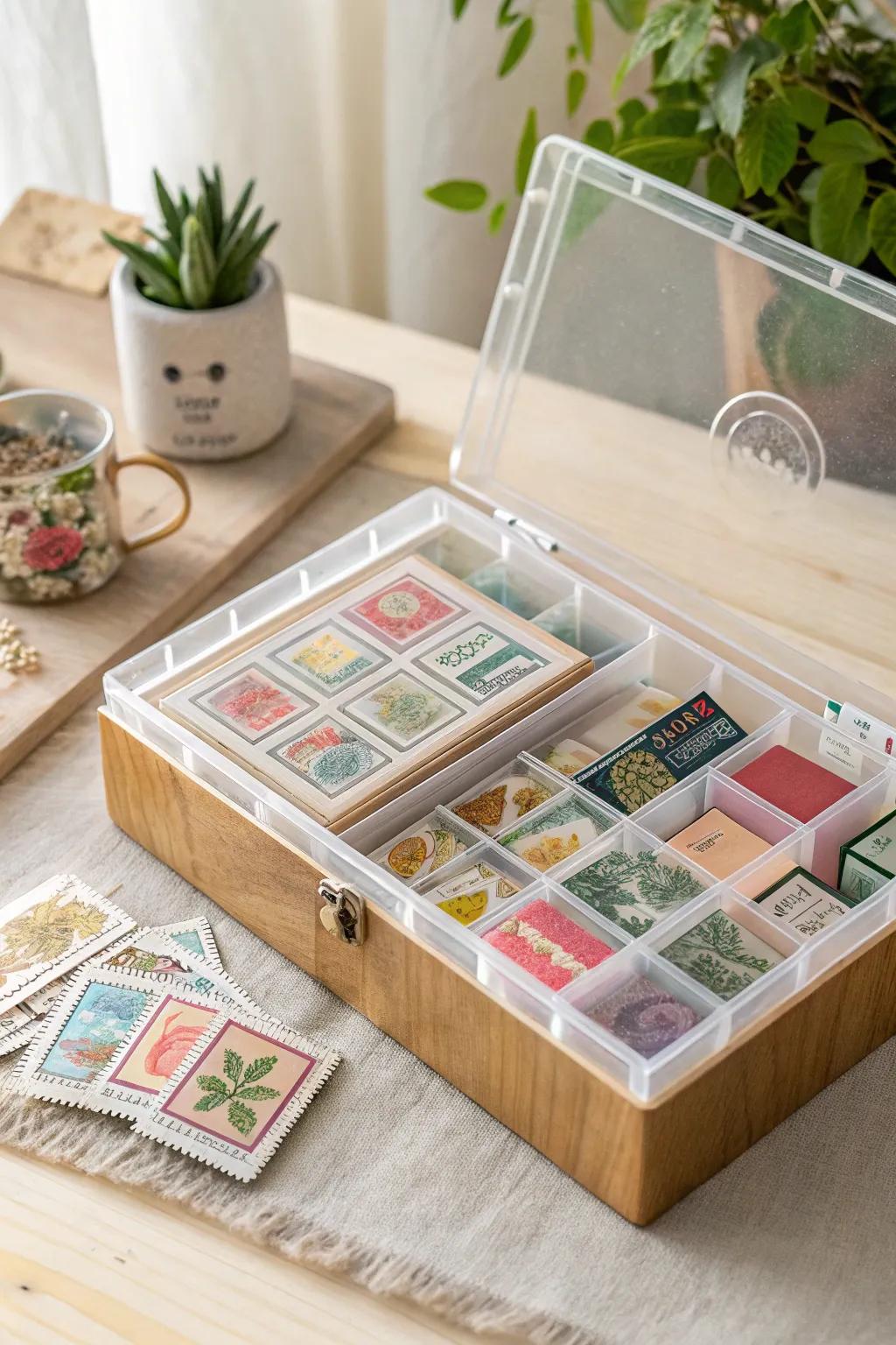 Organize your stamp collection with effortless elegance using clear storage boxes. #MinimalistBeauty #CraftedSimplicity