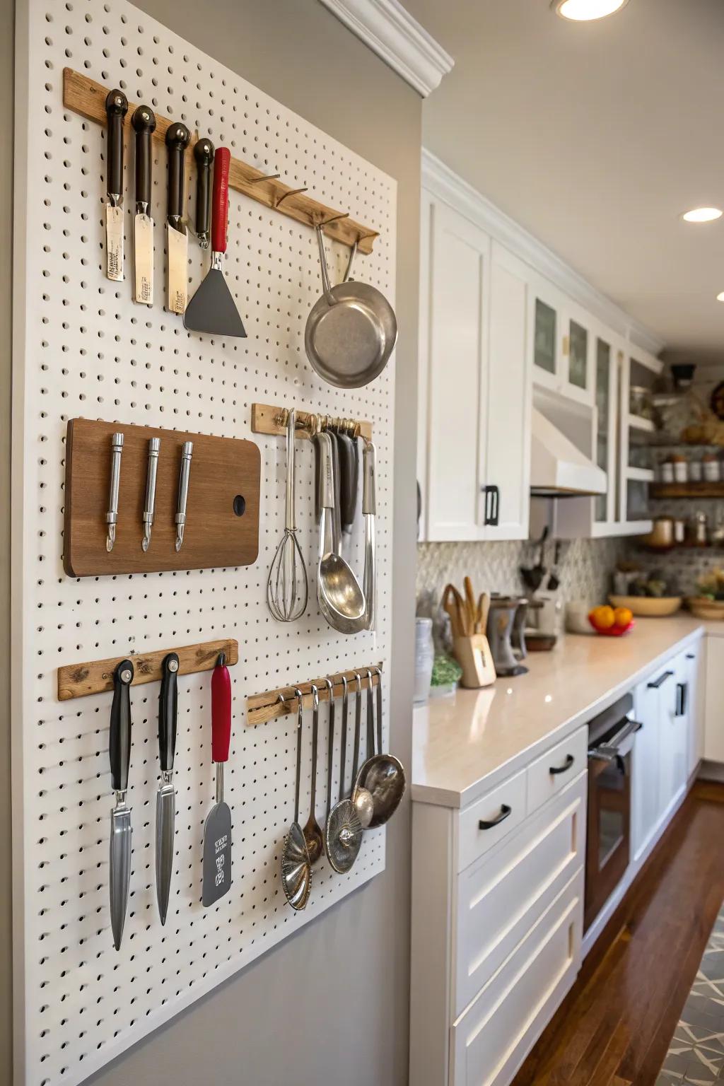 Pegboards offer a chic way to display and organize your kitchen essentials.