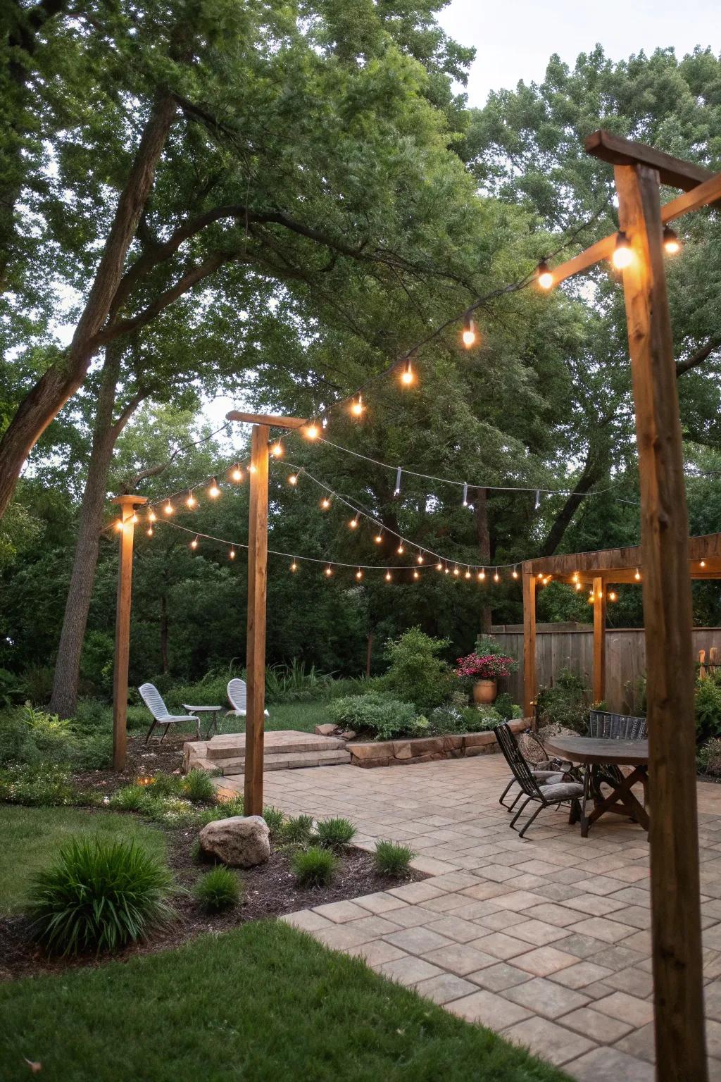 Cedar poles add a rustic charm while supporting string lights in your backyard.