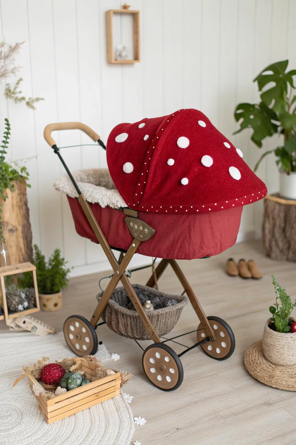 Step into a fairy tale world with this enchanting mushroom stroller costume!