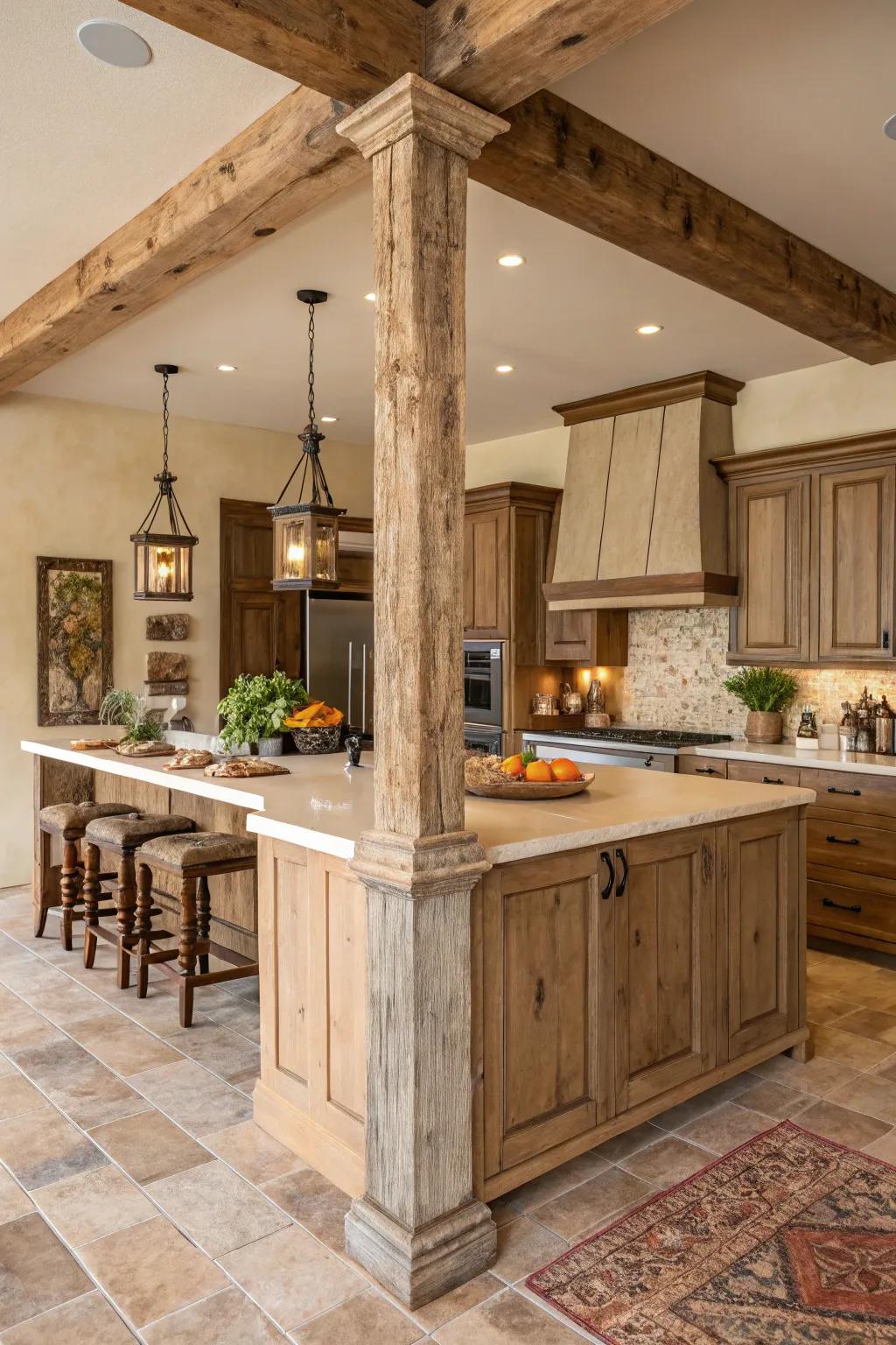 A kitchen island featuring rustic wooden posts and beams for a cozy atmosphere.
