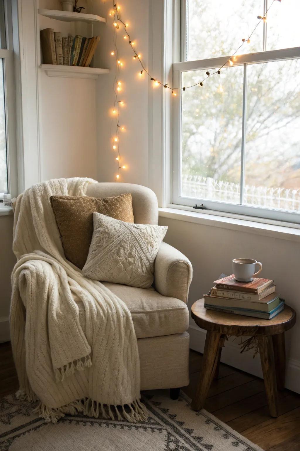 Transform your space into a serene reading retreat with cozy textures and a touch of natural light.