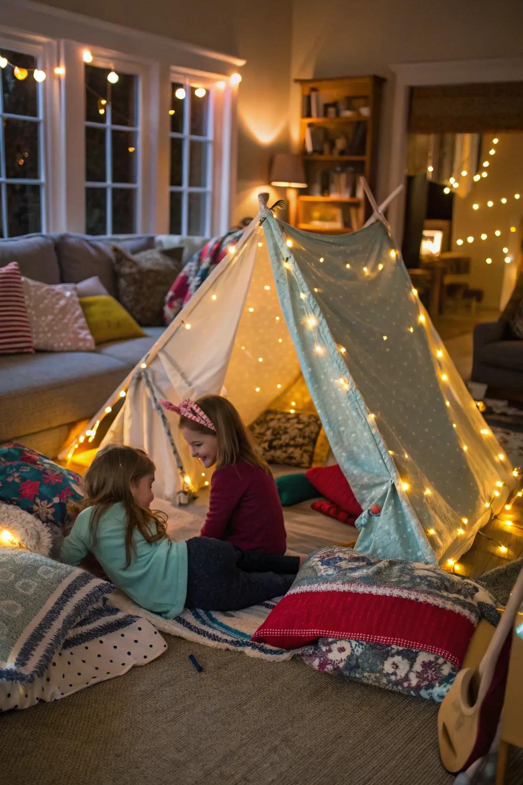 Craft enchanting indoor tents with sheets and lights for a memorable sleepover.