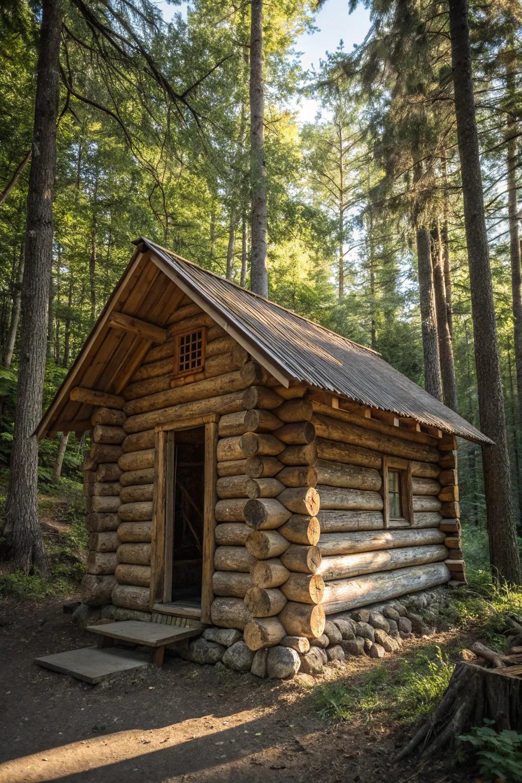 Step into the serene charm of a handcrafted log cabin, a true testament to rustic craftsmanship.