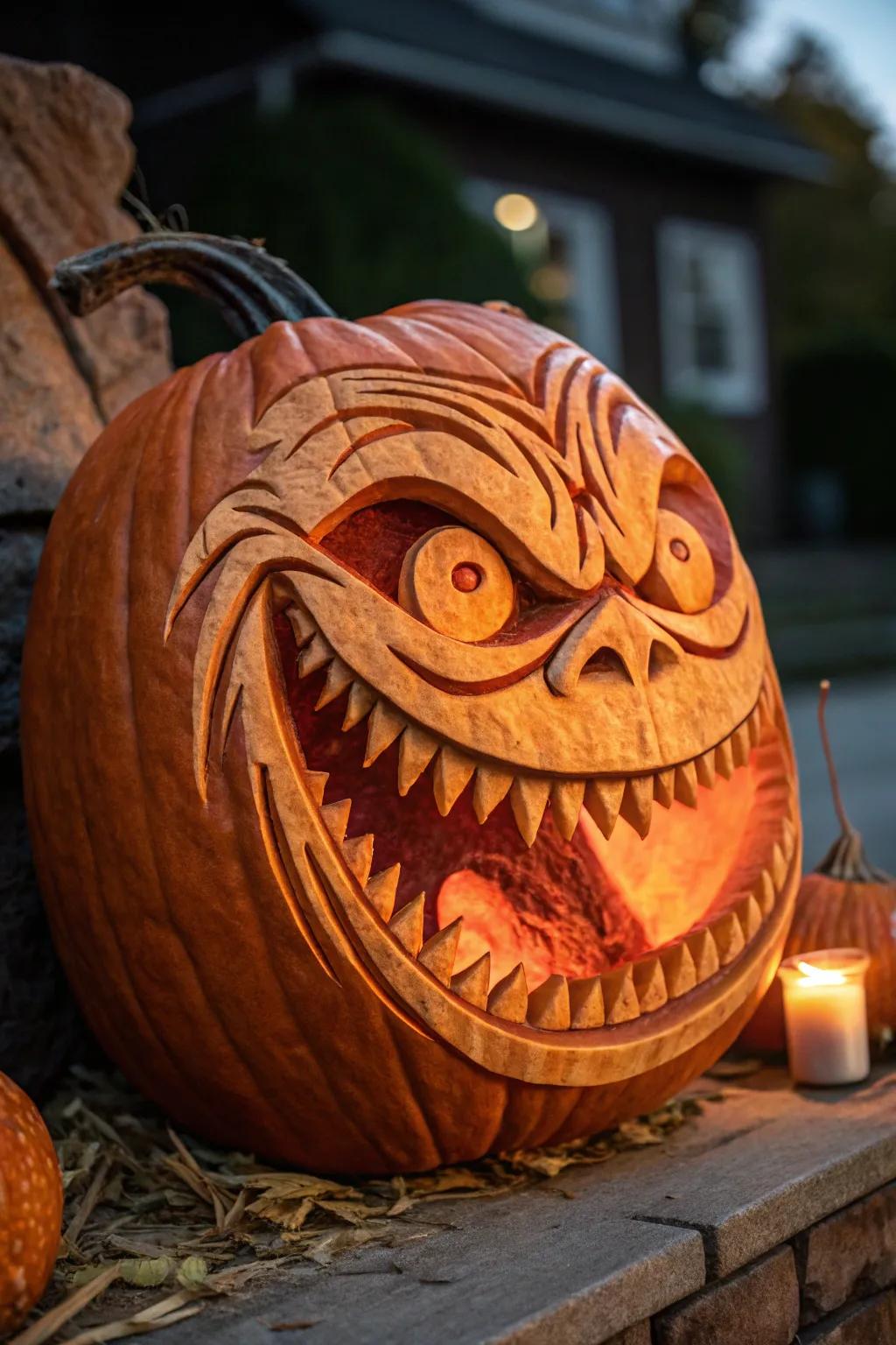 A masterful display of pumpkin artistry—where craftsmanship meets creativity in a mischievous grin.