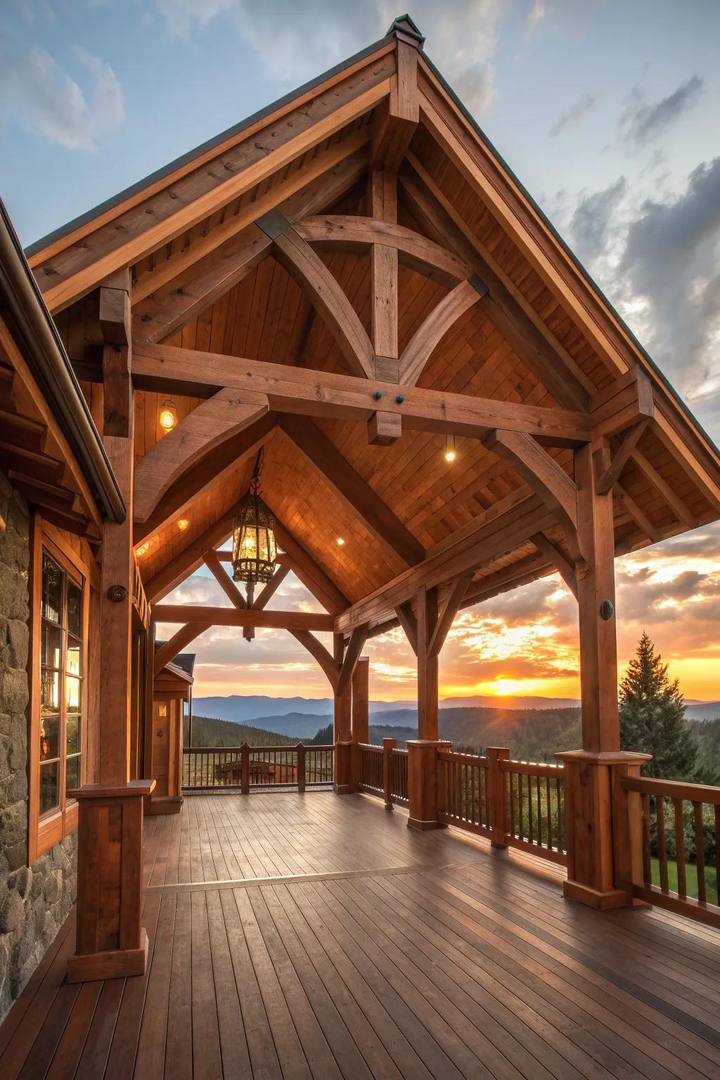 Experience the timeless charm and craftsmanship of a classic gabled roof timber frame porch, perfectly framing nature's sunset masterpiece.