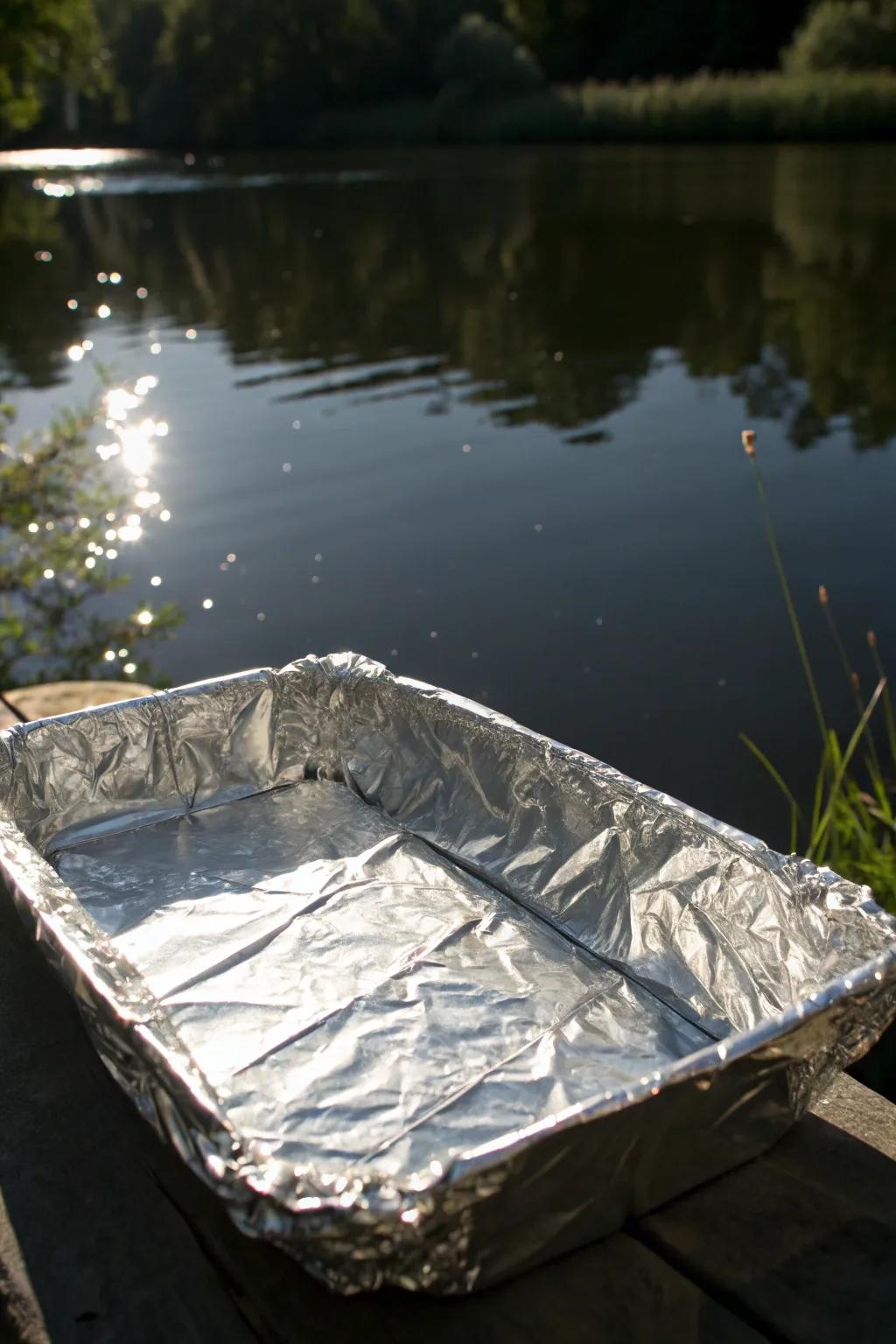Ingenious craftsmanship: A simple tin foil raft defying the odds with strength and elegance.