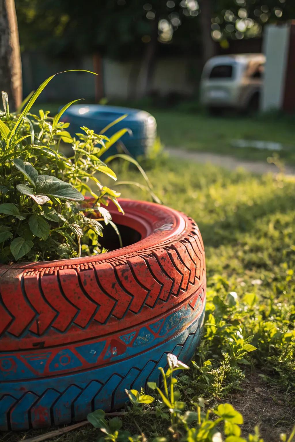 Transform your garden with a splash of color and creativity using vibrant painted tire planters.