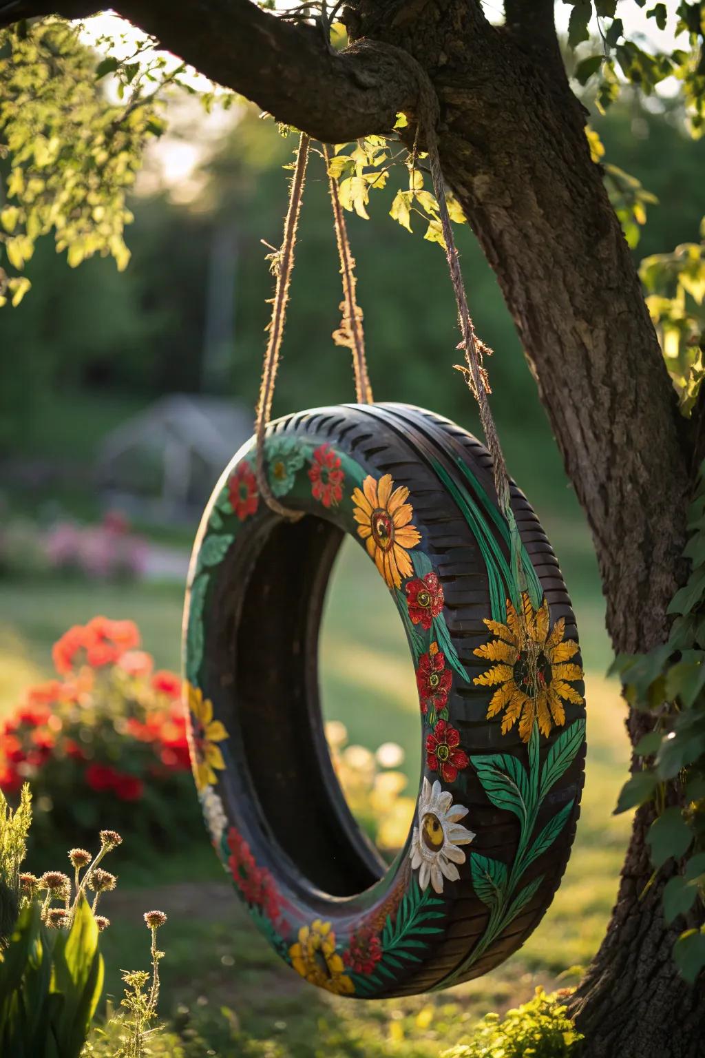 Elevate your outdoor space with this stunning floral tire swing masterpiece.