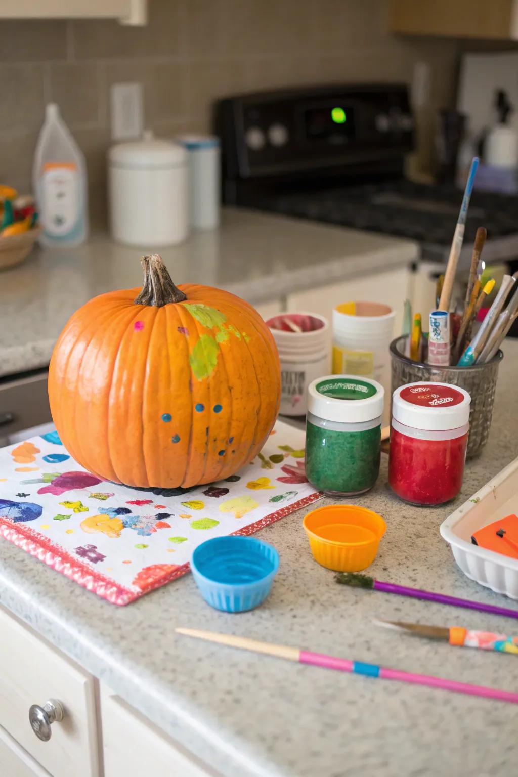 A colorful painted pumpkin created by a toddler.