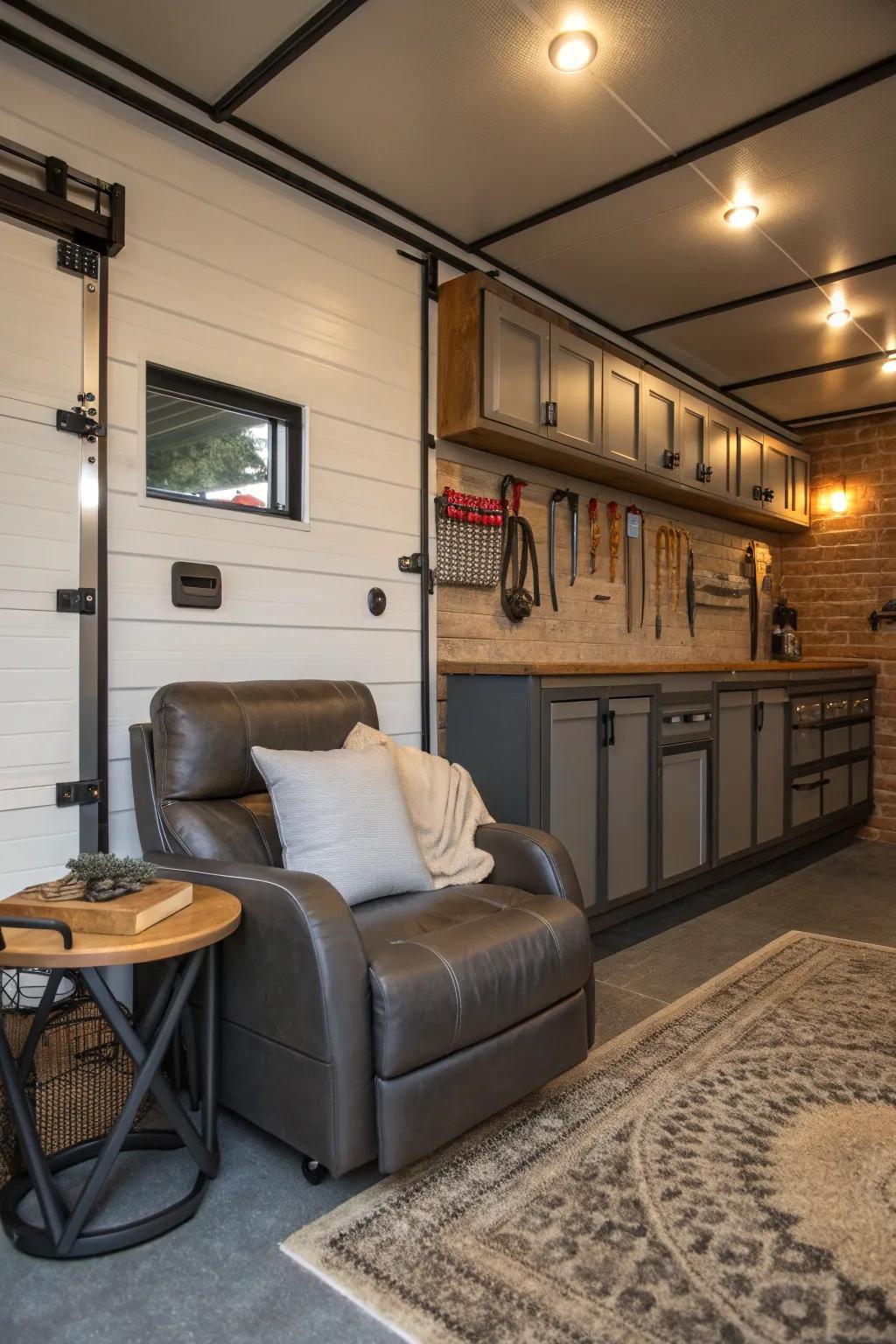 Transform your toy hauler garage into a cozy retreat with style and craftsmanship.
