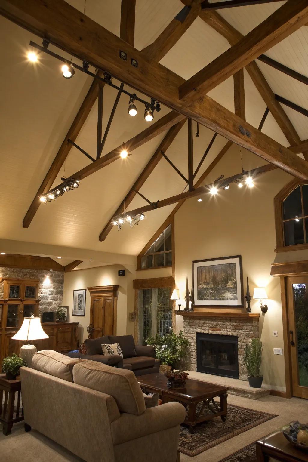Track lighting perfectly accentuates the natural beauty of exposed wooden beams.