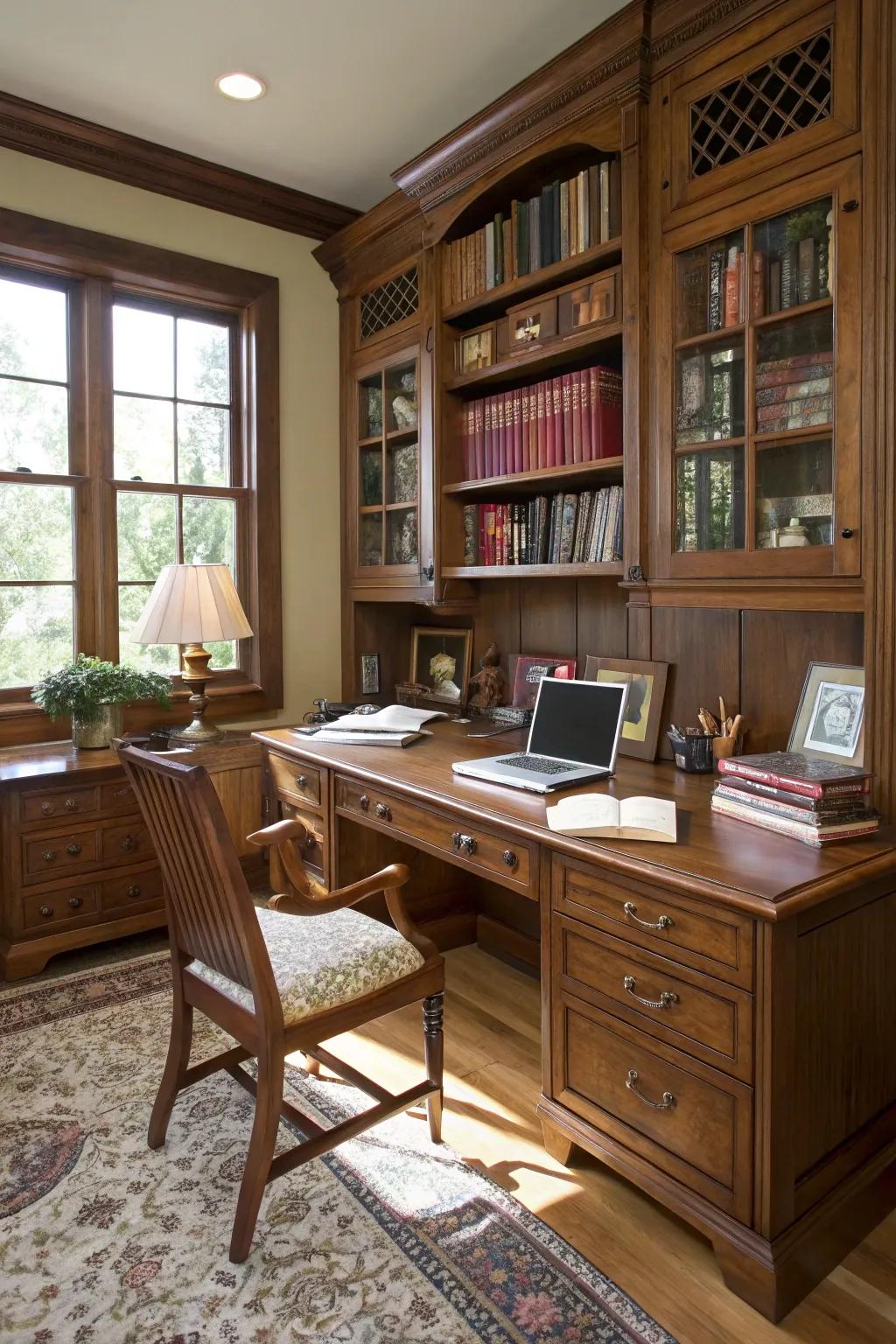 A cozy workspace featuring elegant wooden furniture.