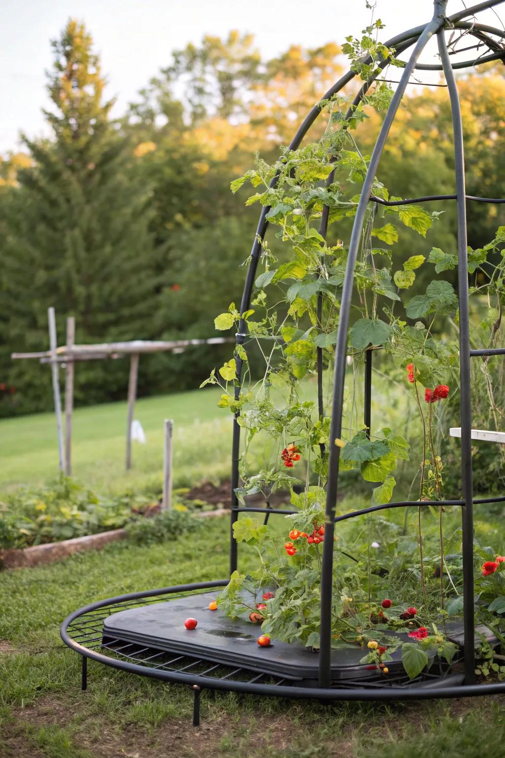 Transform your trampoline into a garden masterpiece with this innovative trellis idea!