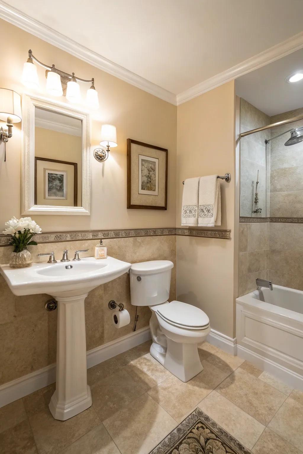 A serene neutral palette sets the stage for a transitional bathroom.