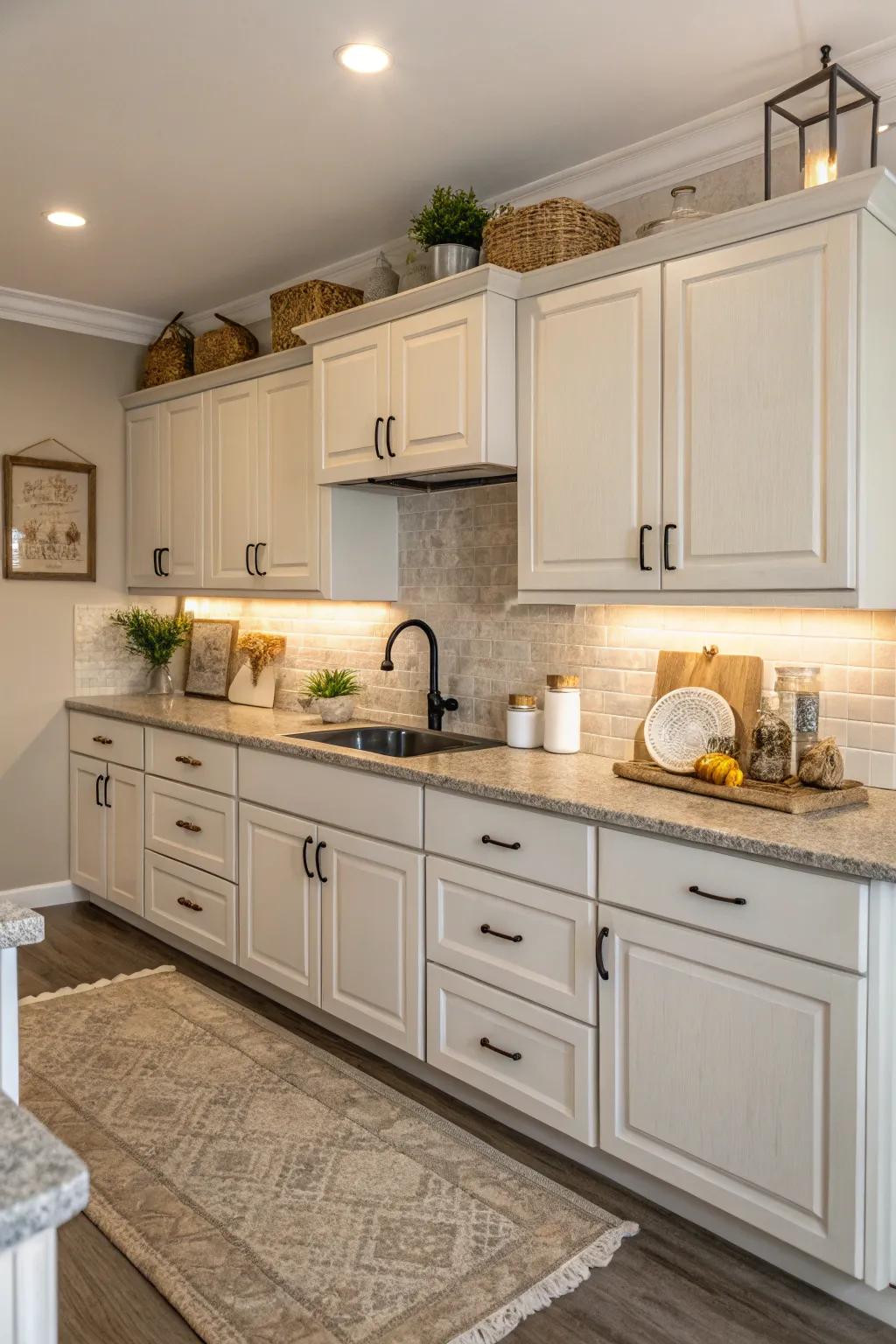 A soothing neutral palette forms the foundation of this transitional kitchen.