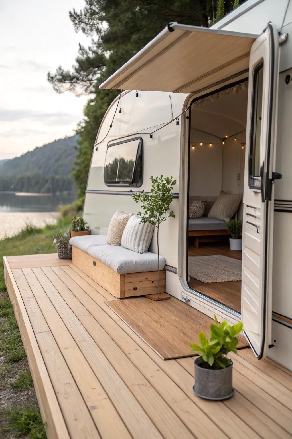 Transform your toy hauler with a chic foldable deck for the perfect outdoor retreat.