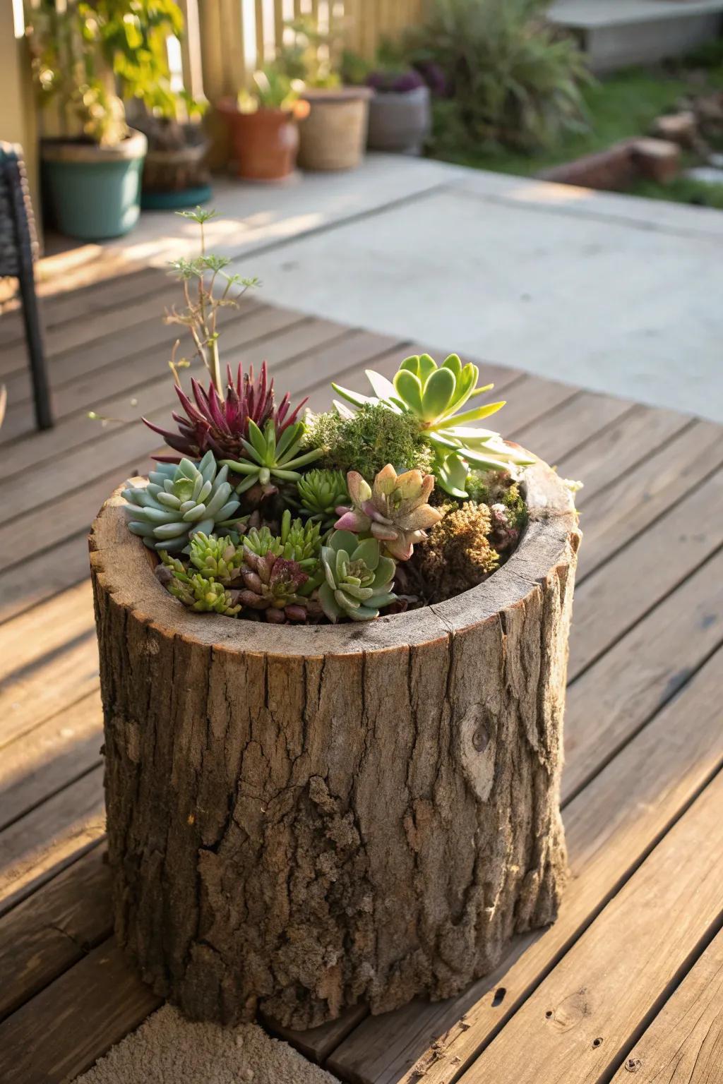 Elevate your outdoor space with a rustic tree trunk planter filled with lush succulents.