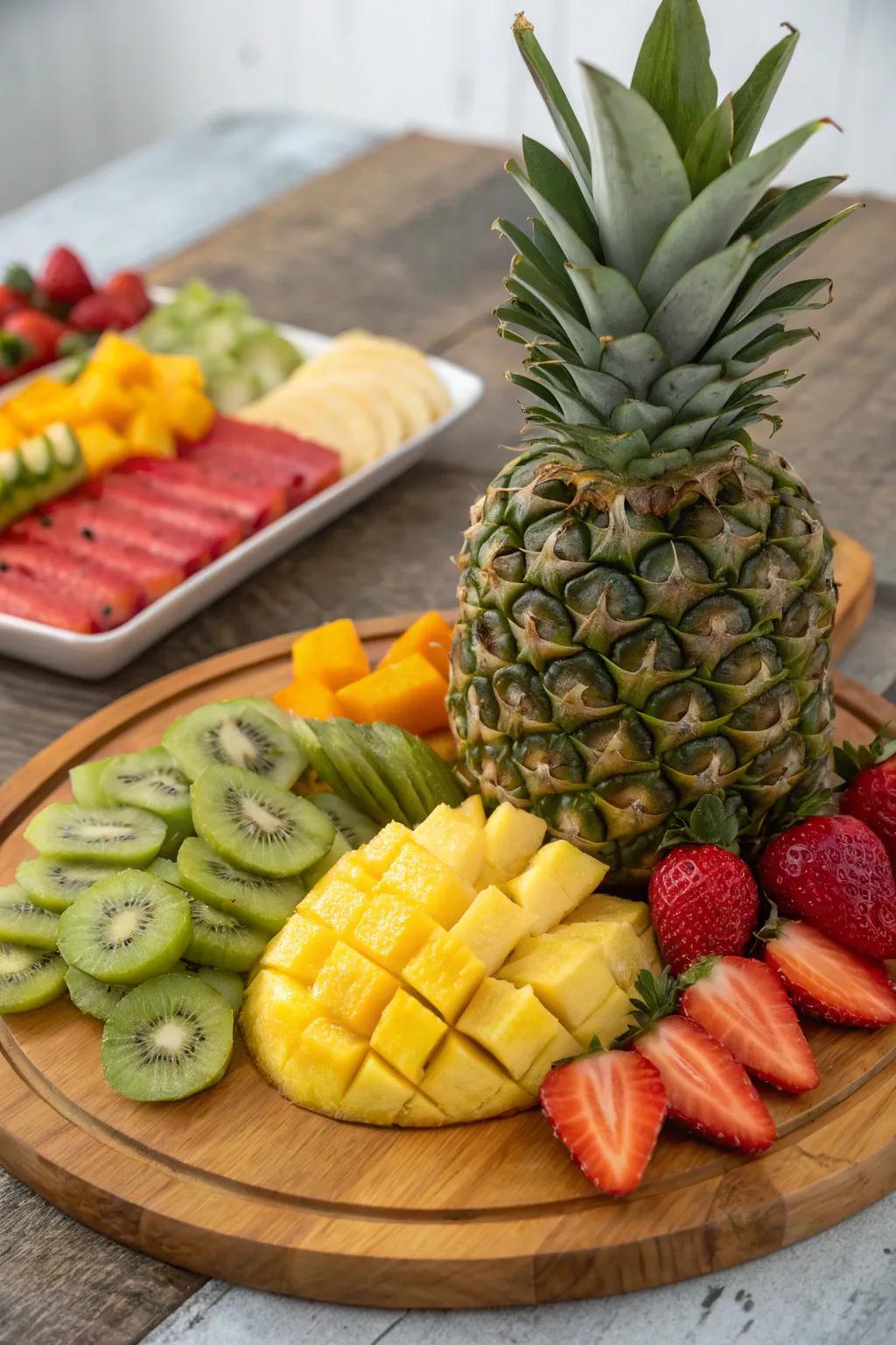 A stunning pineapple centerpiece anchors this vibrant tropical assortment.