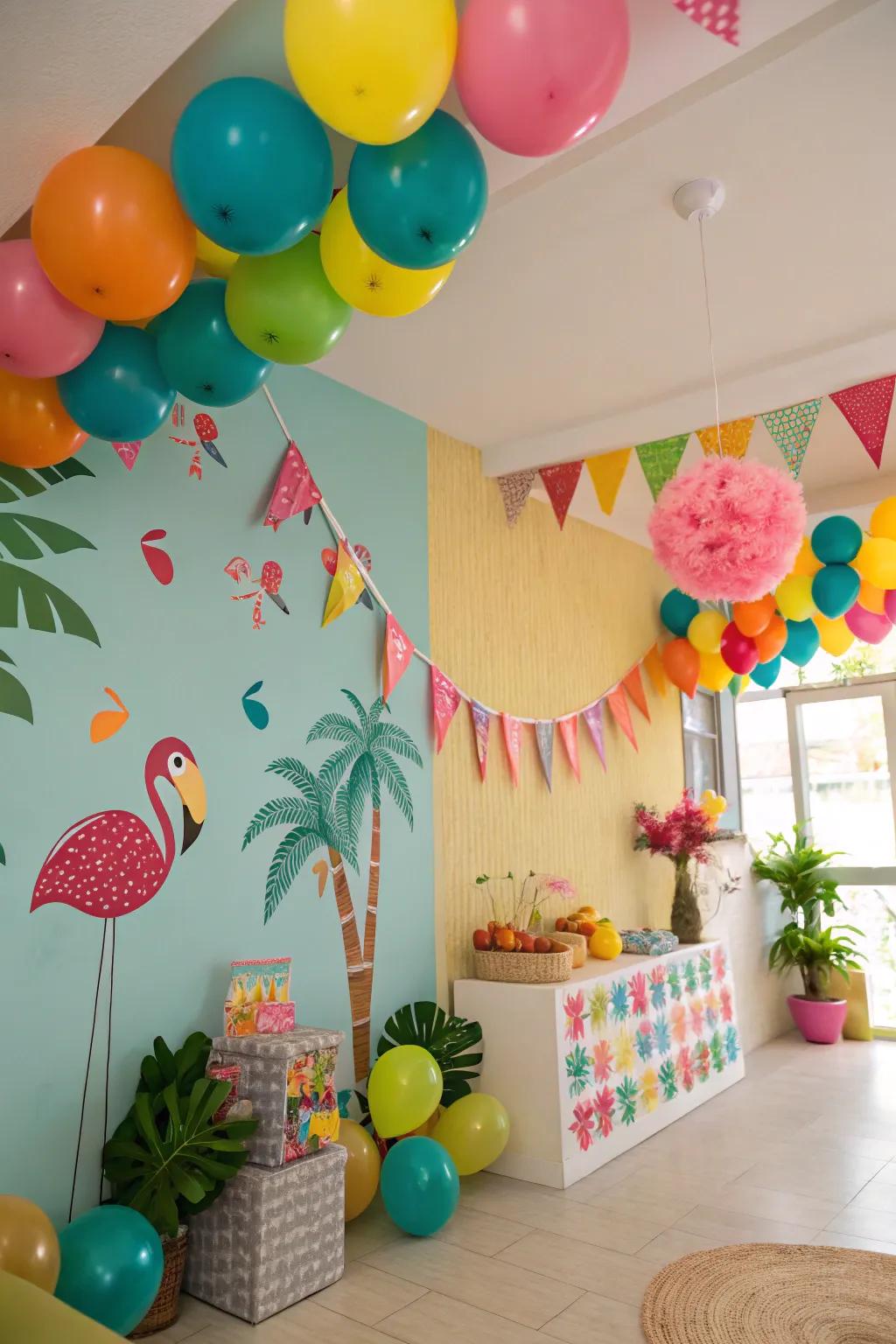 A room transformed with a bright tropical color scheme and festive decorations.