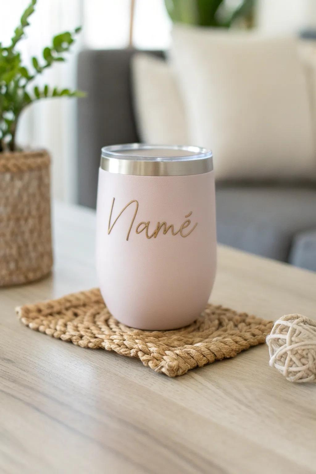 Crafted with love: A personalized tumbler that elegantly captures the essence of simplicity and style.