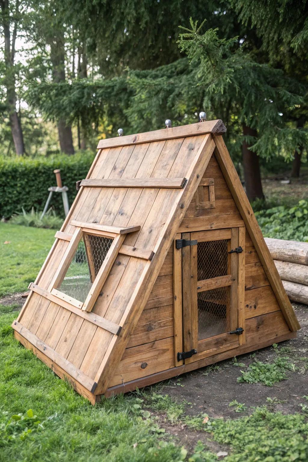 Discover rustic elegance with this handcrafted A-frame turkey coop, where reclaimed wood meets functional design.