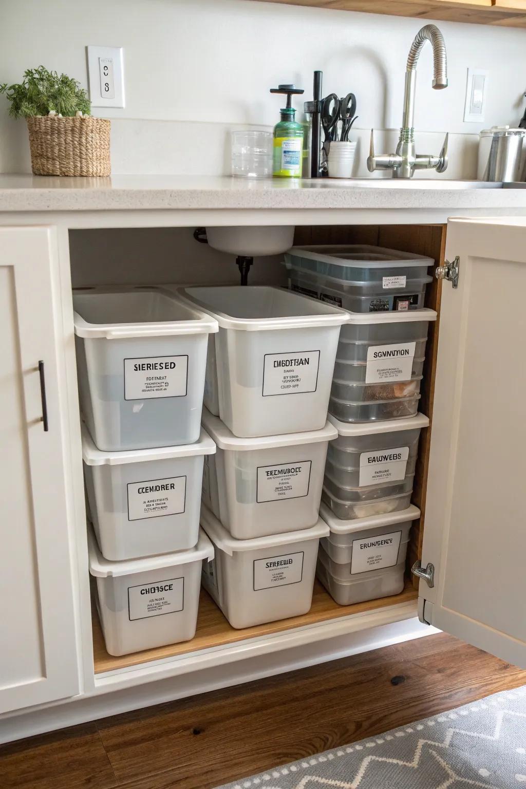 Stackable bins create more space and keep items organized.