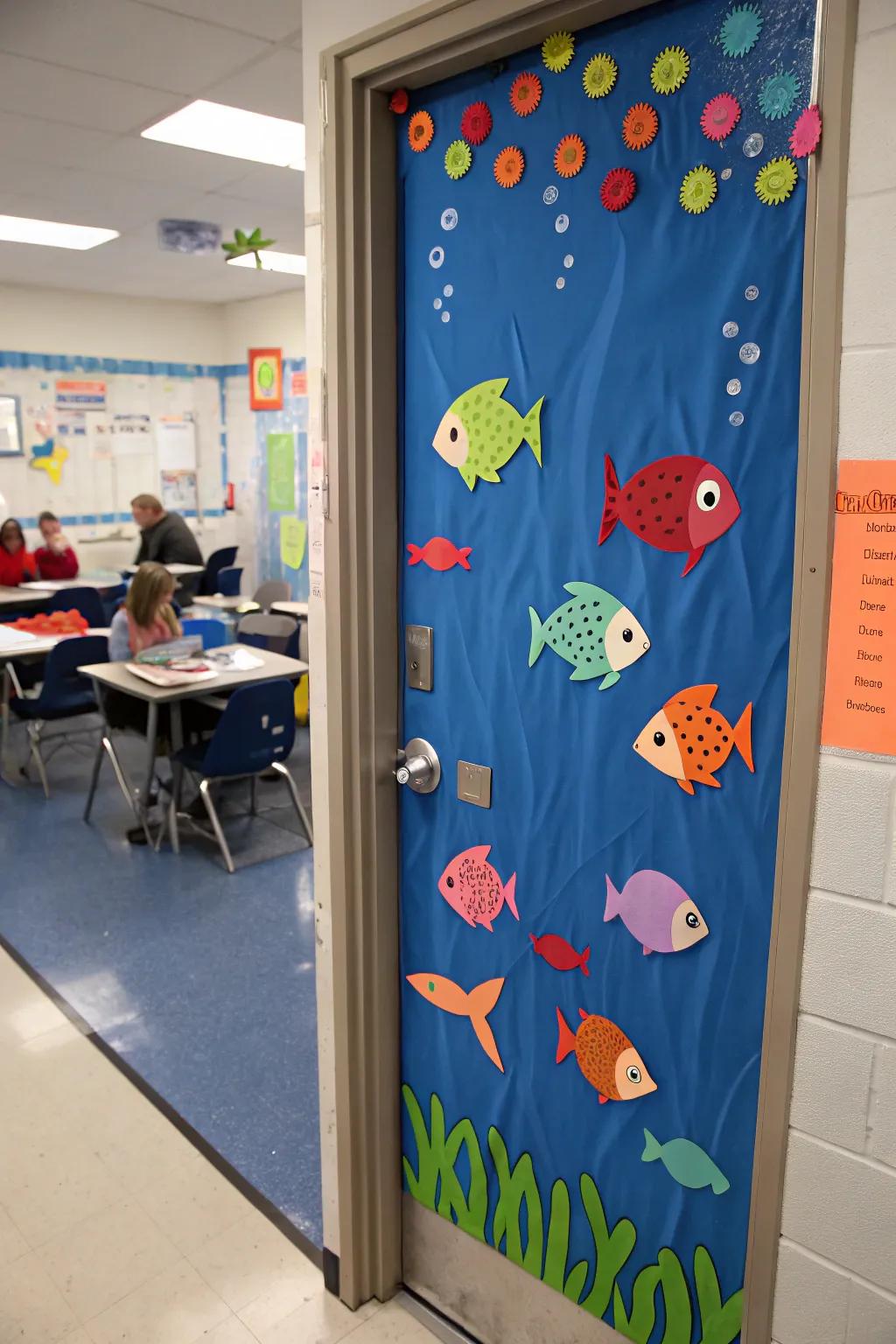 A lively school of fish adds whimsy and color to any classroom door.