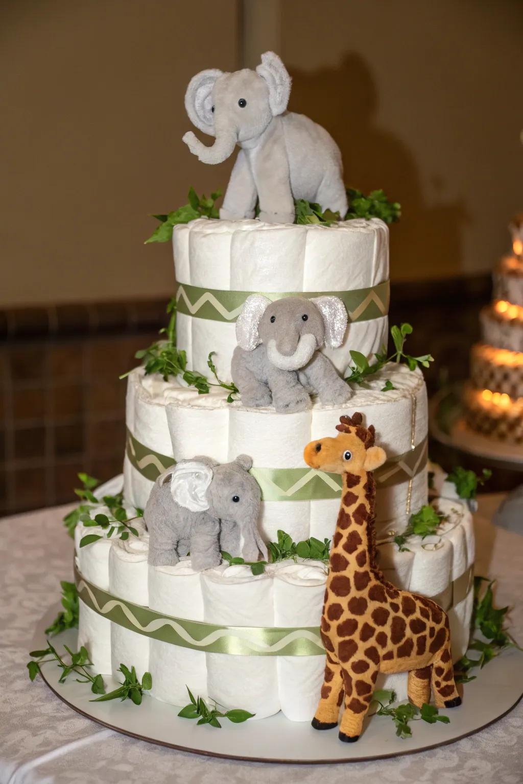 Embark on a Safari Adventure with this exquisitely handcrafted diaper cake, perfect for welcoming a new little explorer.