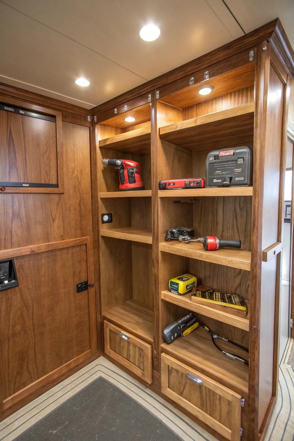 Optimize your trailer space with expertly crafted corner shelving. Efficiency meets elegance in this V-nose design.