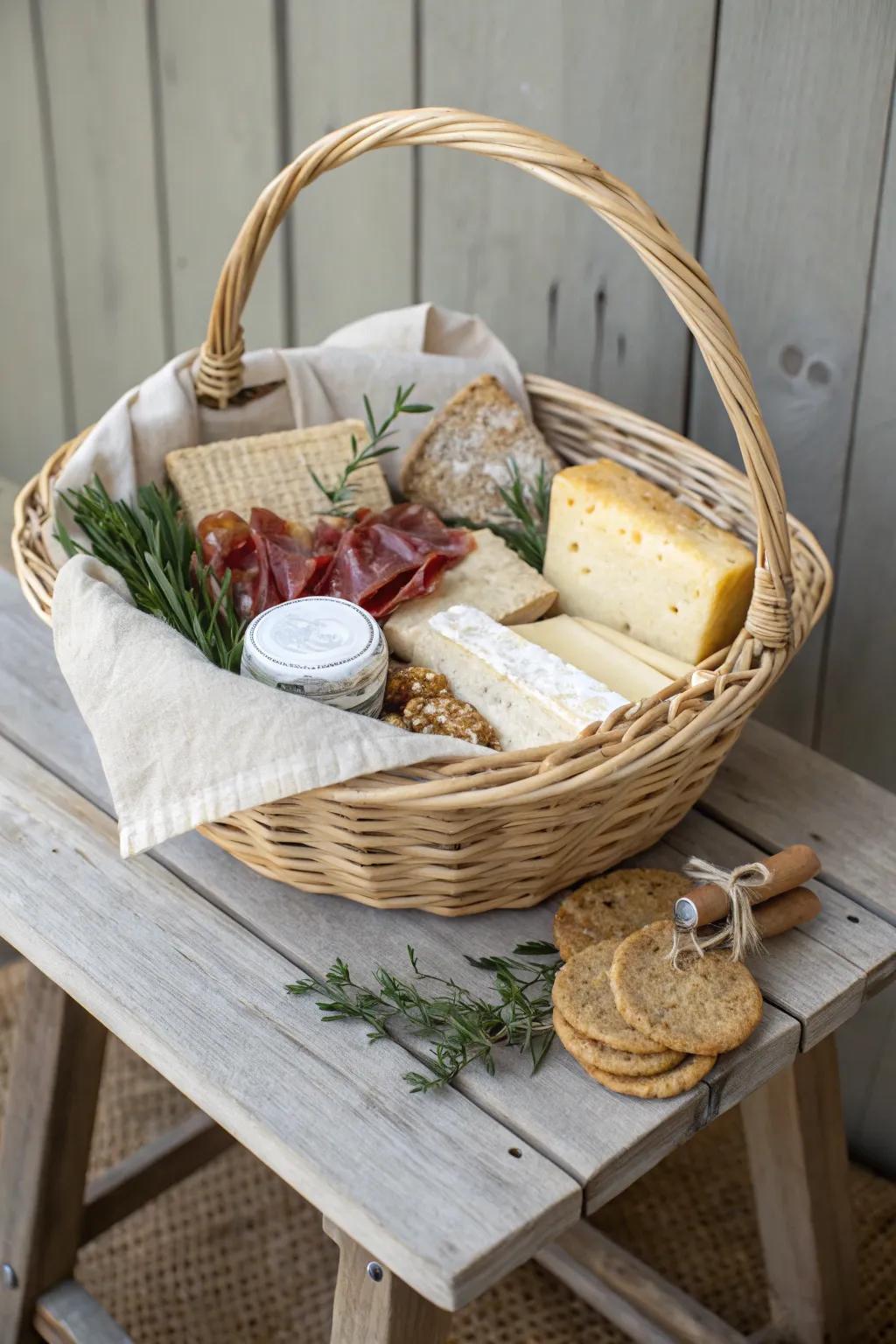 Indulge in the art of simplicity with a gourmet snack basket that's a feast for the senses.