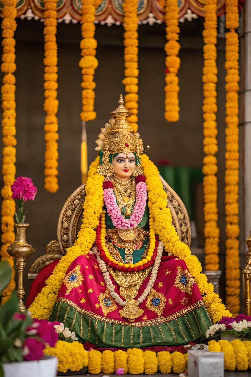 The central goddess idol beautifully adorned for Varalakshmi Vratam.