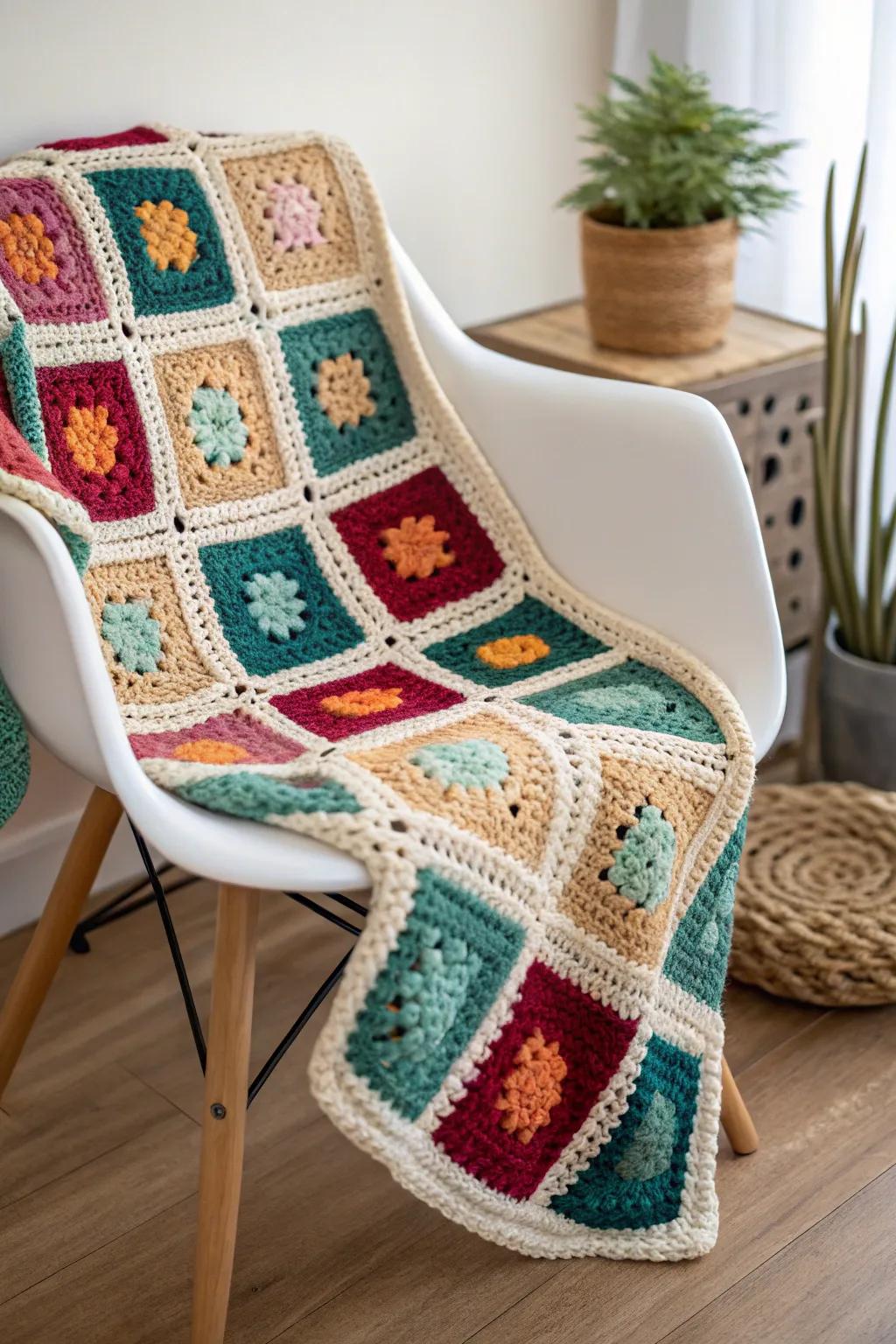 Embrace the surprise of colors in every stitch with this vibrant granny square blanket.