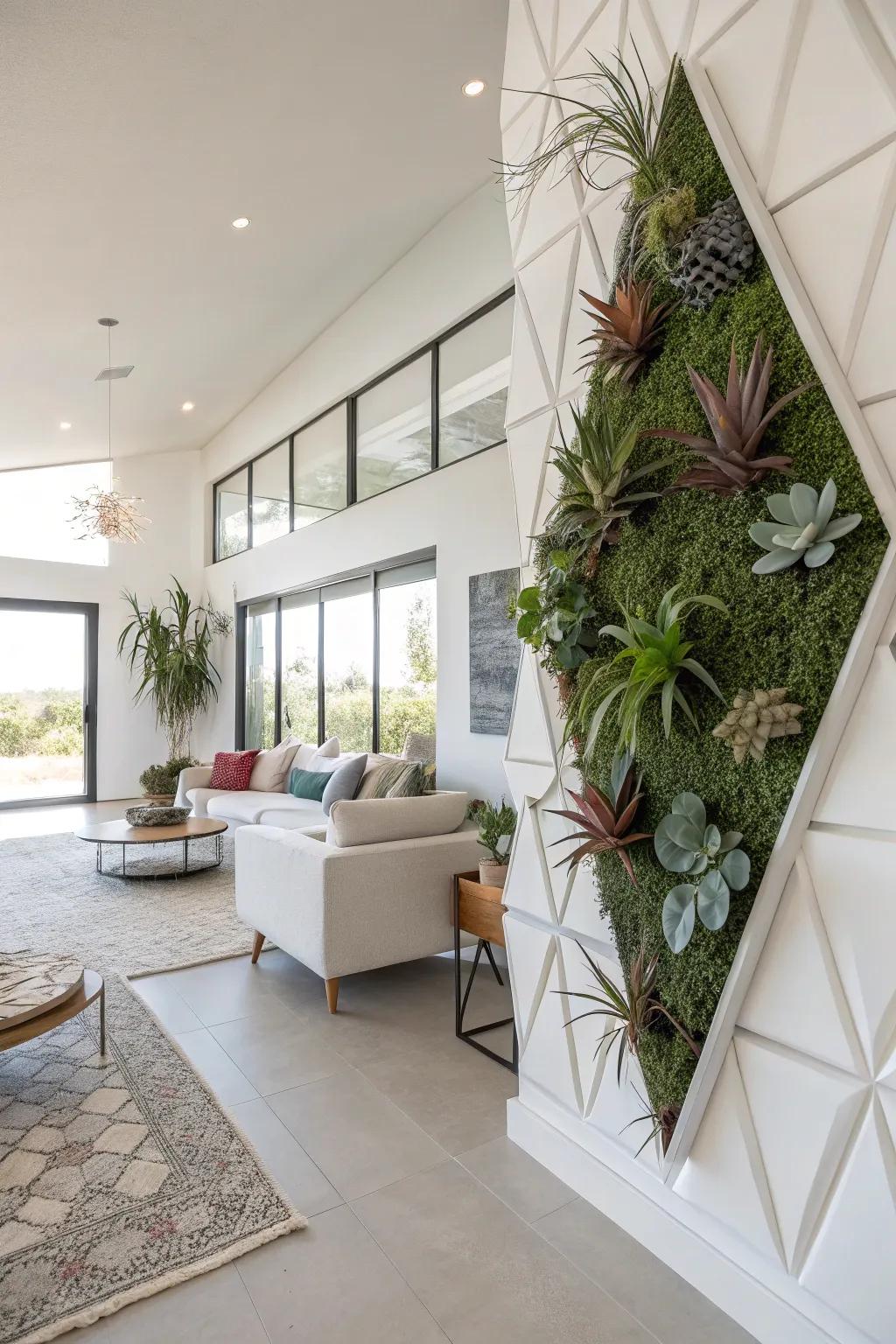 A contemporary space with eye-catching geometric wall planters filled with lush greenery.