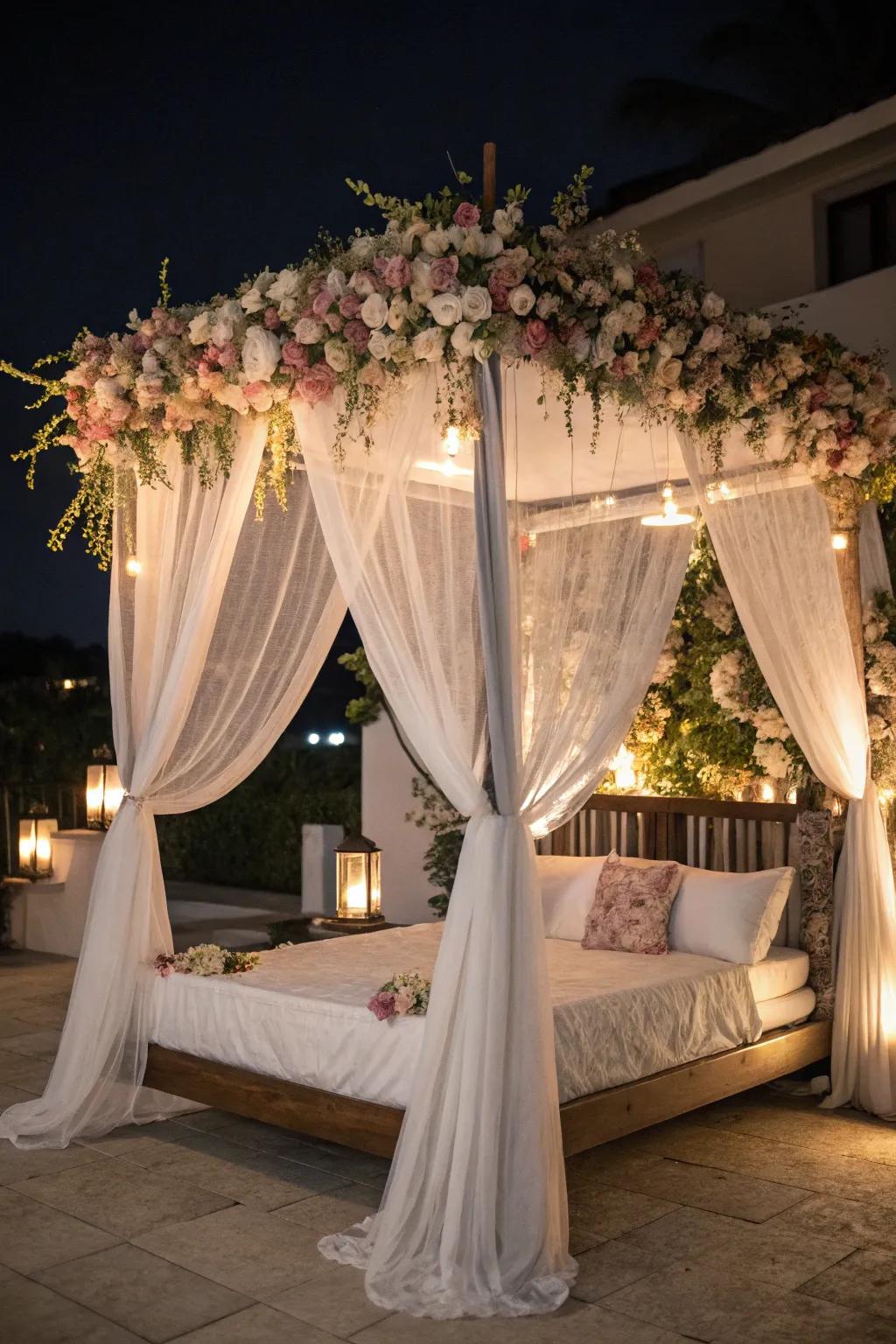 Floral canopy creates a romantic bed setting.
