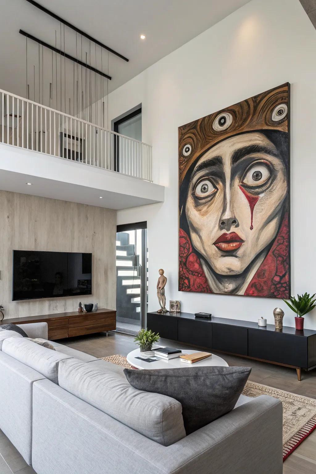 A distorted face painting adds a surreal touch to any living space.