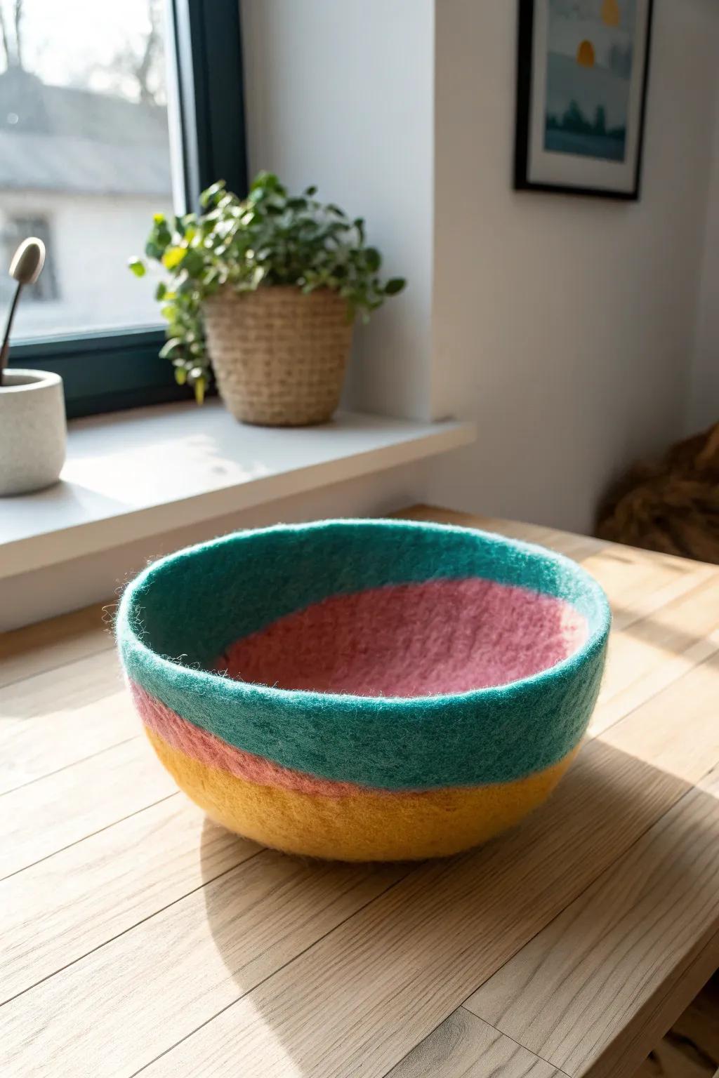 Add a splash of color and charm to your space with this beautifully crafted felted bowl, perfect for minimalist and Boho-inspired decor.