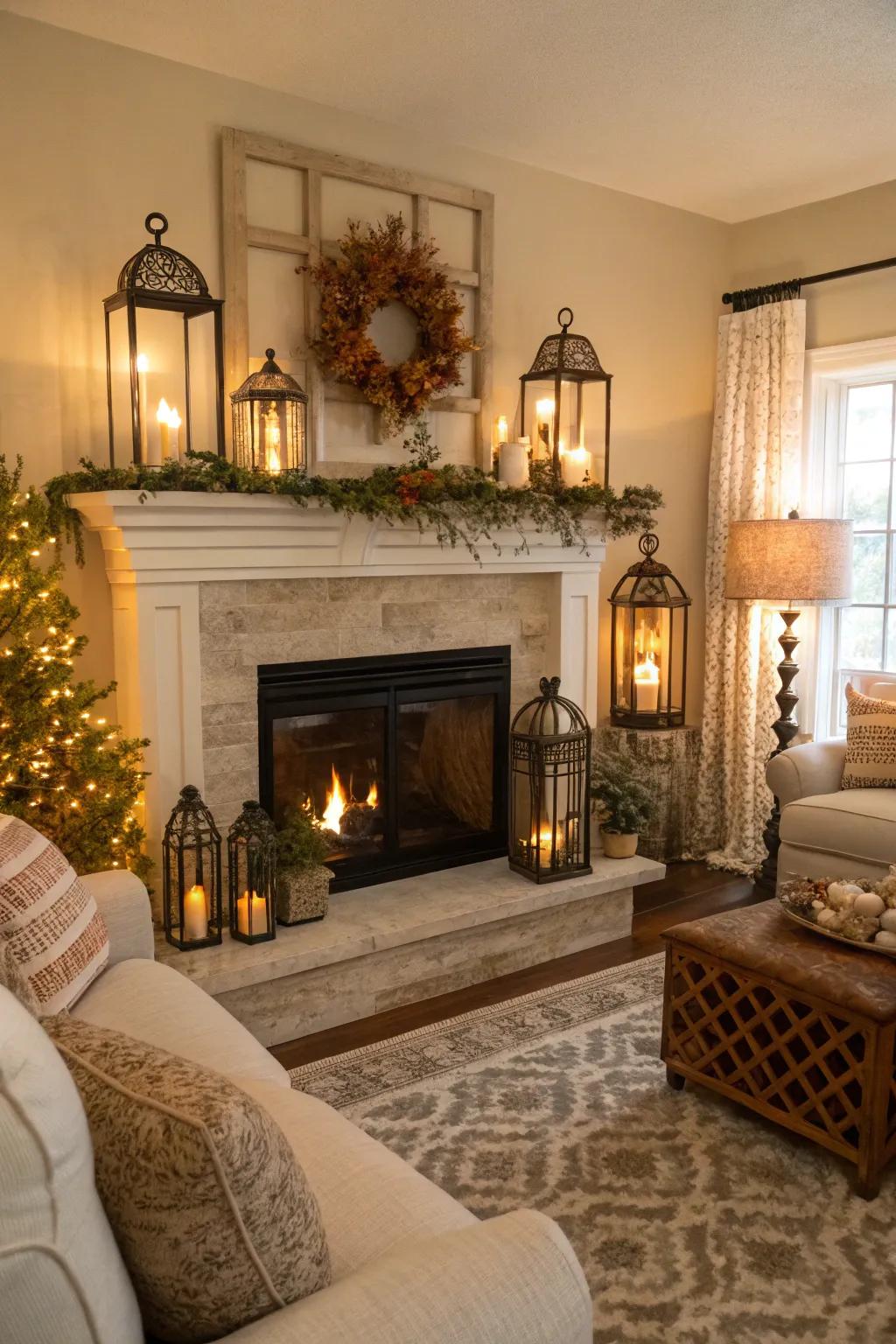 A classic setup: lanterns on the mantel enhance a cozy living room atmosphere.