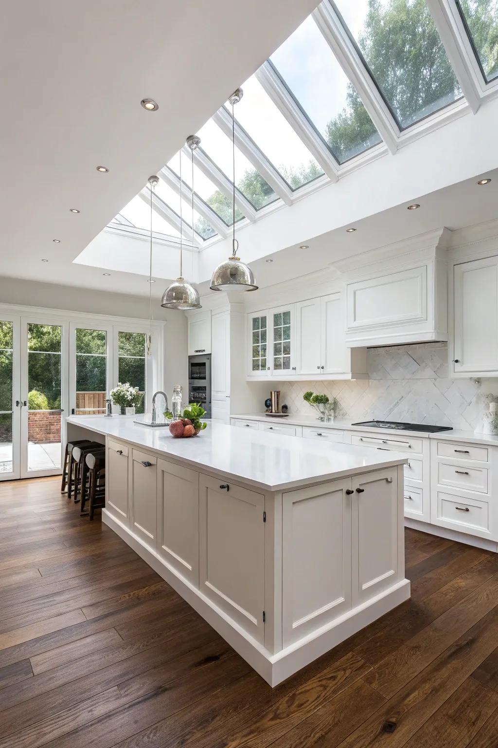 Natural light streaming through skylights, illuminating a pristine white kitchen island.