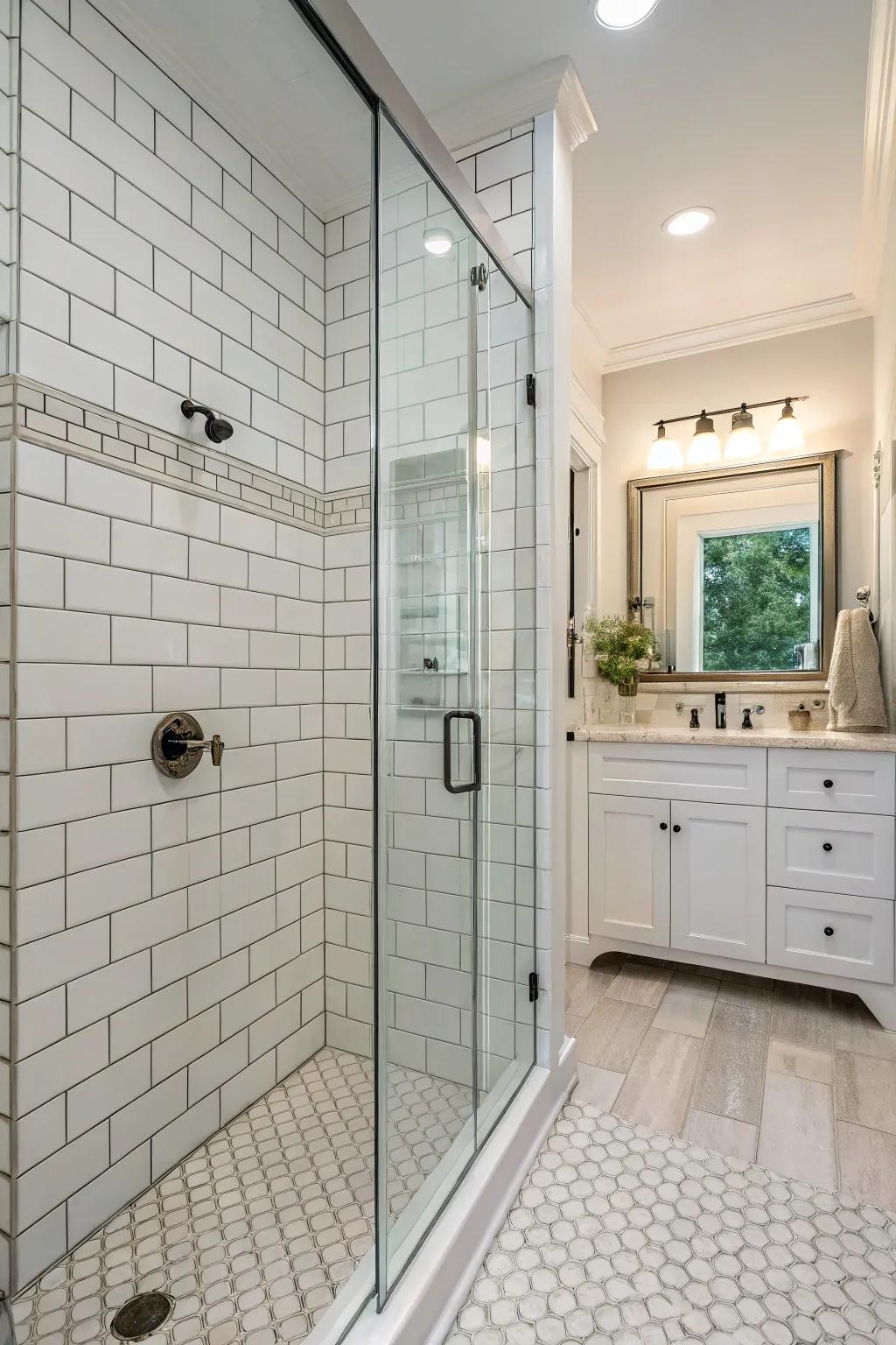 Vertical subway tiles add a modern edge to the classic white shower.