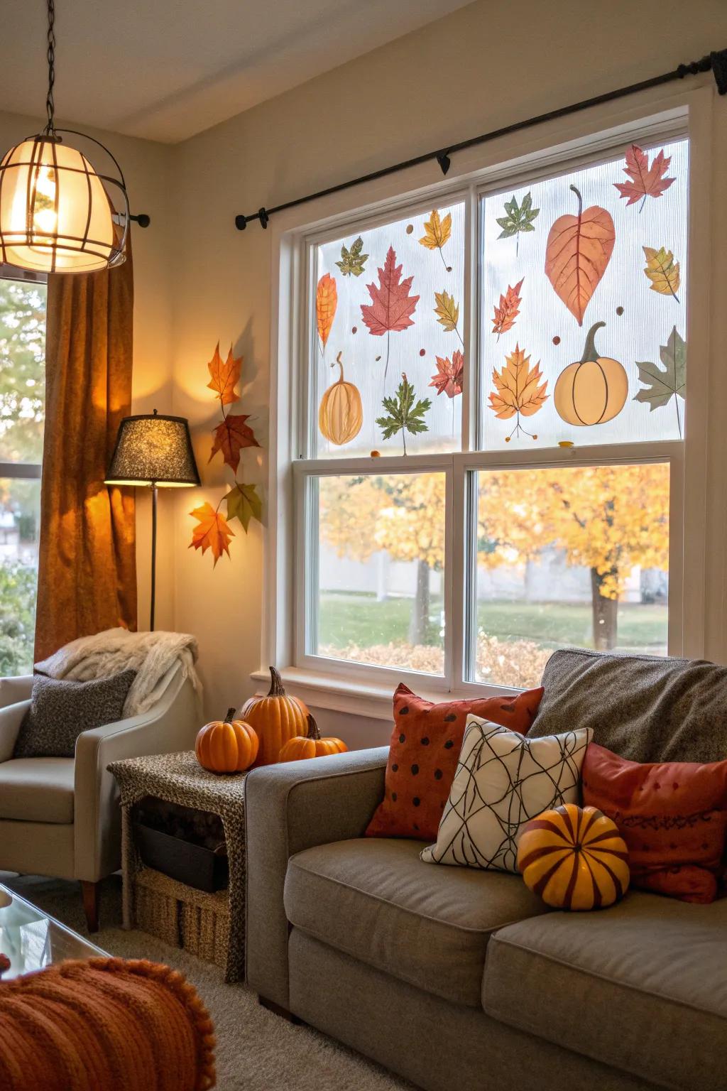 Autumn-themed window clings bring a warm touch to the living room.