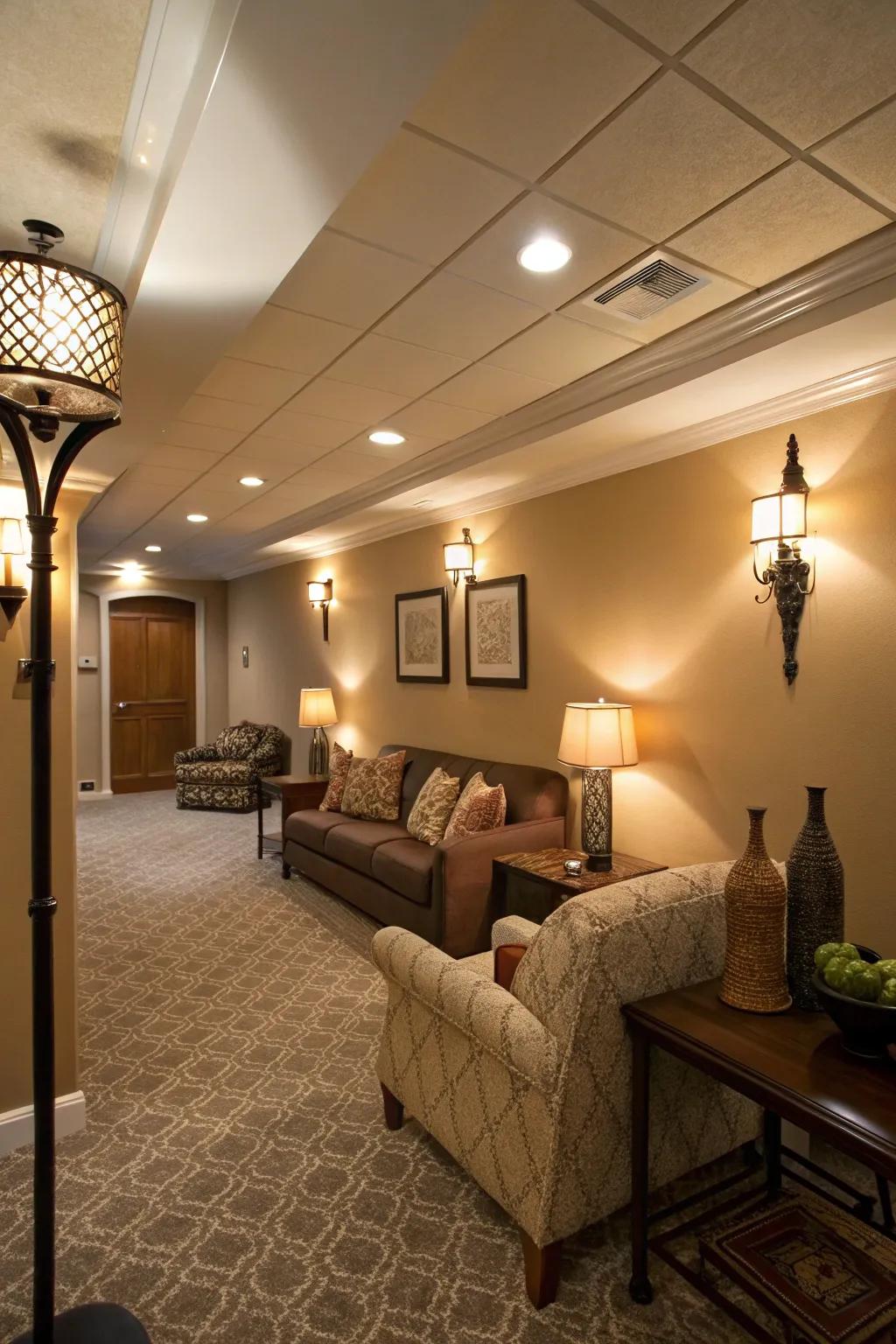 Layered lighting transforms a basement into a warm and inviting space.