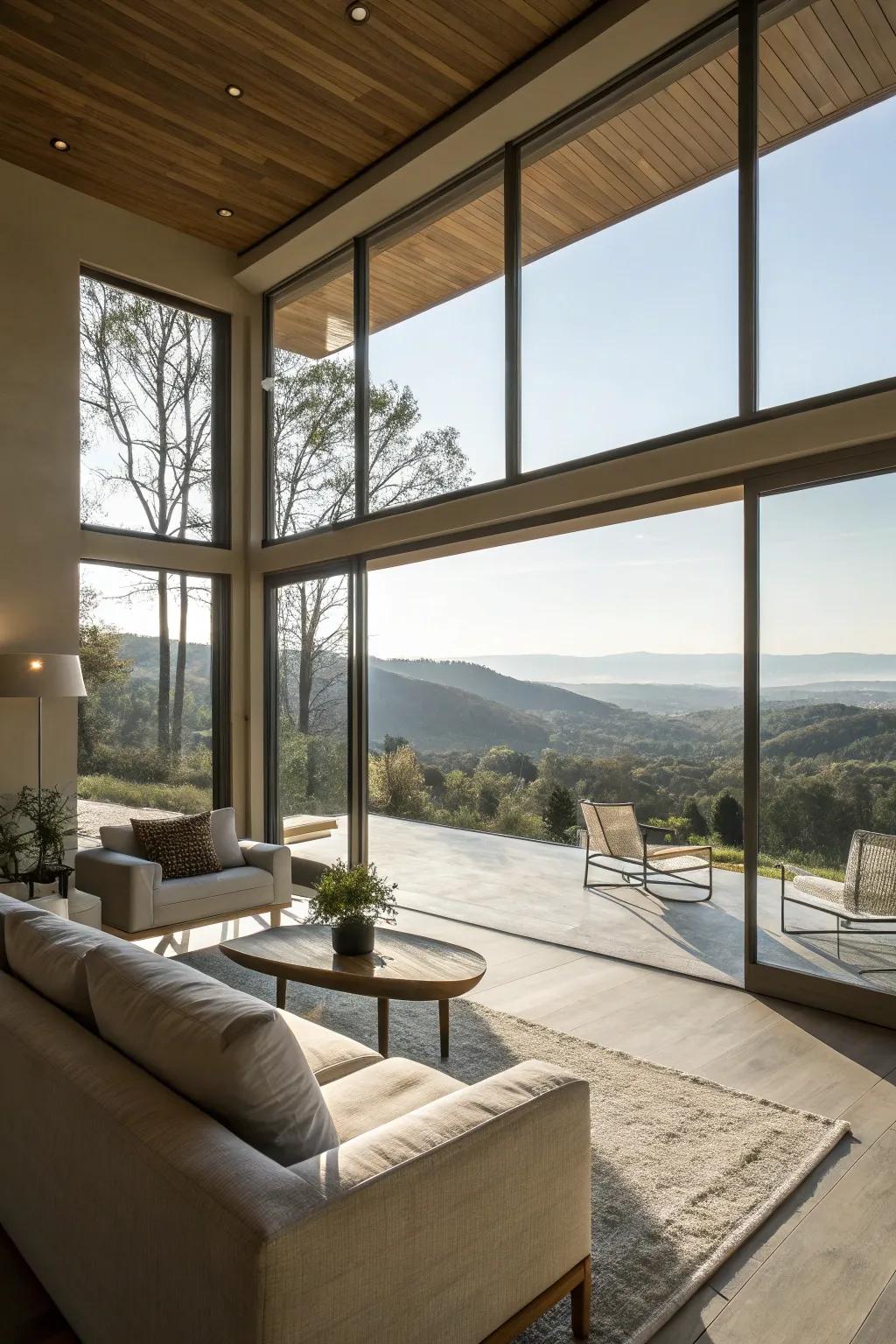 A modern living room with large bare windows, offering a stunning view.