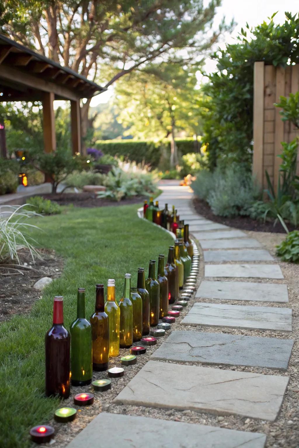 Add a touch of magic to your garden with a whimsical wine bottle pathway border.