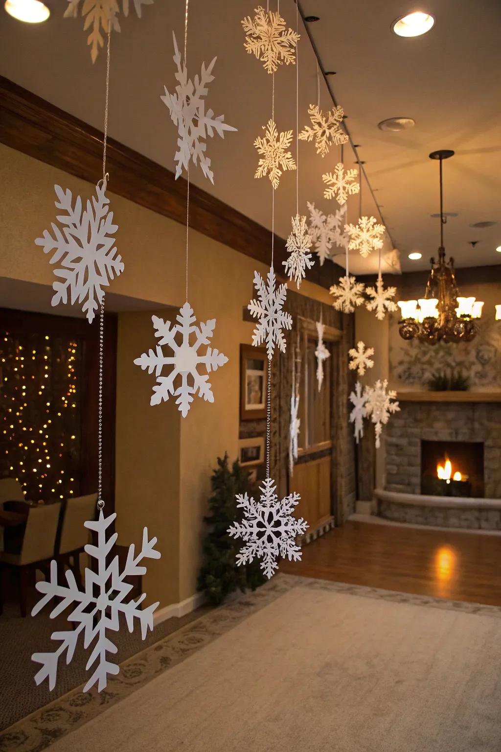 Create a floating snowflake wonderland with paper snowflakes.