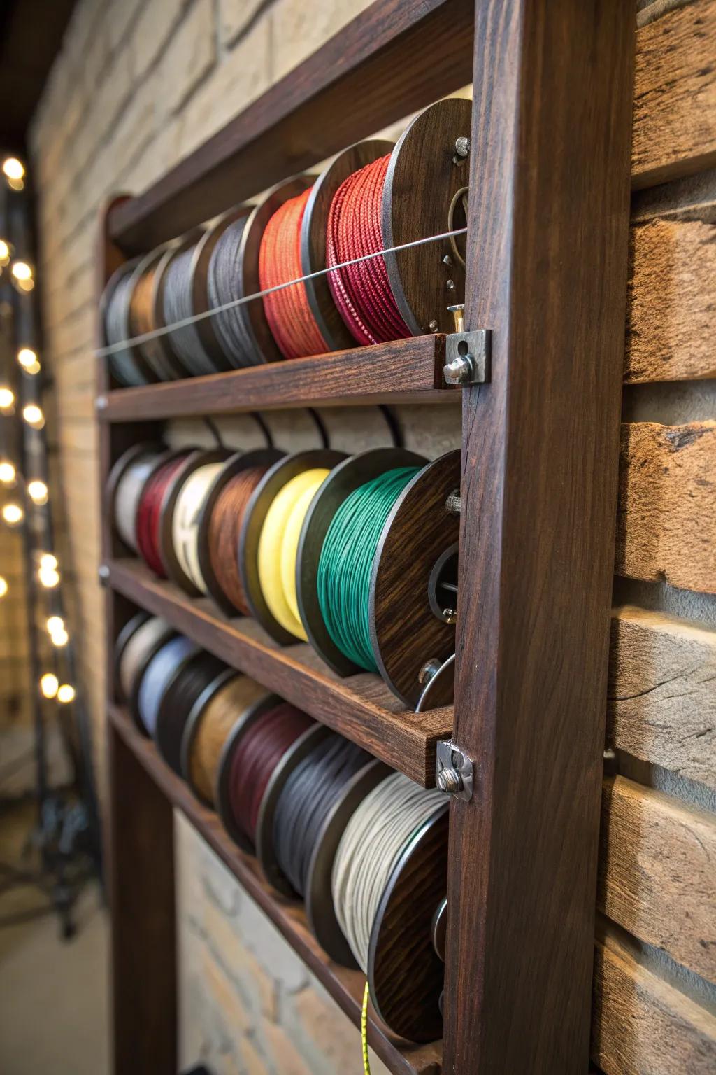 Elevate your workspace with a stunning wall-mounted rack for wire spools—where craftsmanship meets functionality.